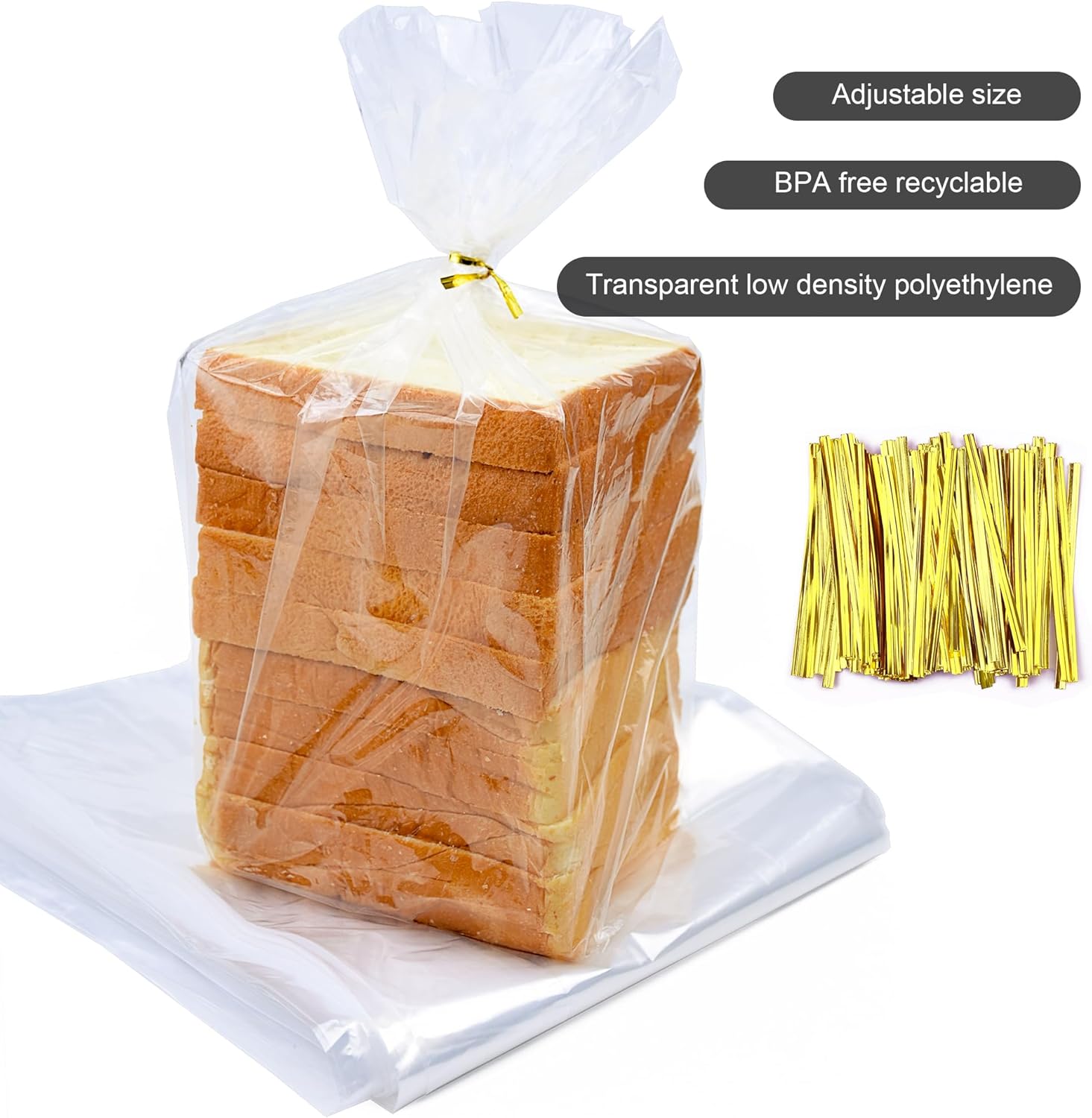 120Pcs Plastic Bread Bags for Homemade Bread and 120 Ties, 18 x 8 x 4 Inch Reusable Clear Loaf Bags, Adjustable, Perfect for Home Bakers and Bakeries (120Pcs) - Image 3