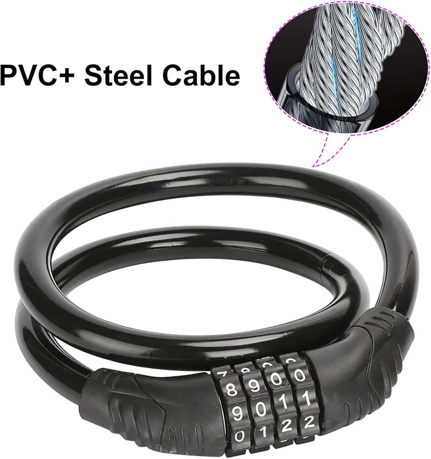 2 PACK Bike Locks Cable,Anti Theft Bicycle Lock Chain,4 Digit Security Resettable Bike Combination Lock Self Coiling Combination Cable Combo Bike Locks Without Mounting Bracket,2 Feetx1/2 Inch (Black) - Image 3