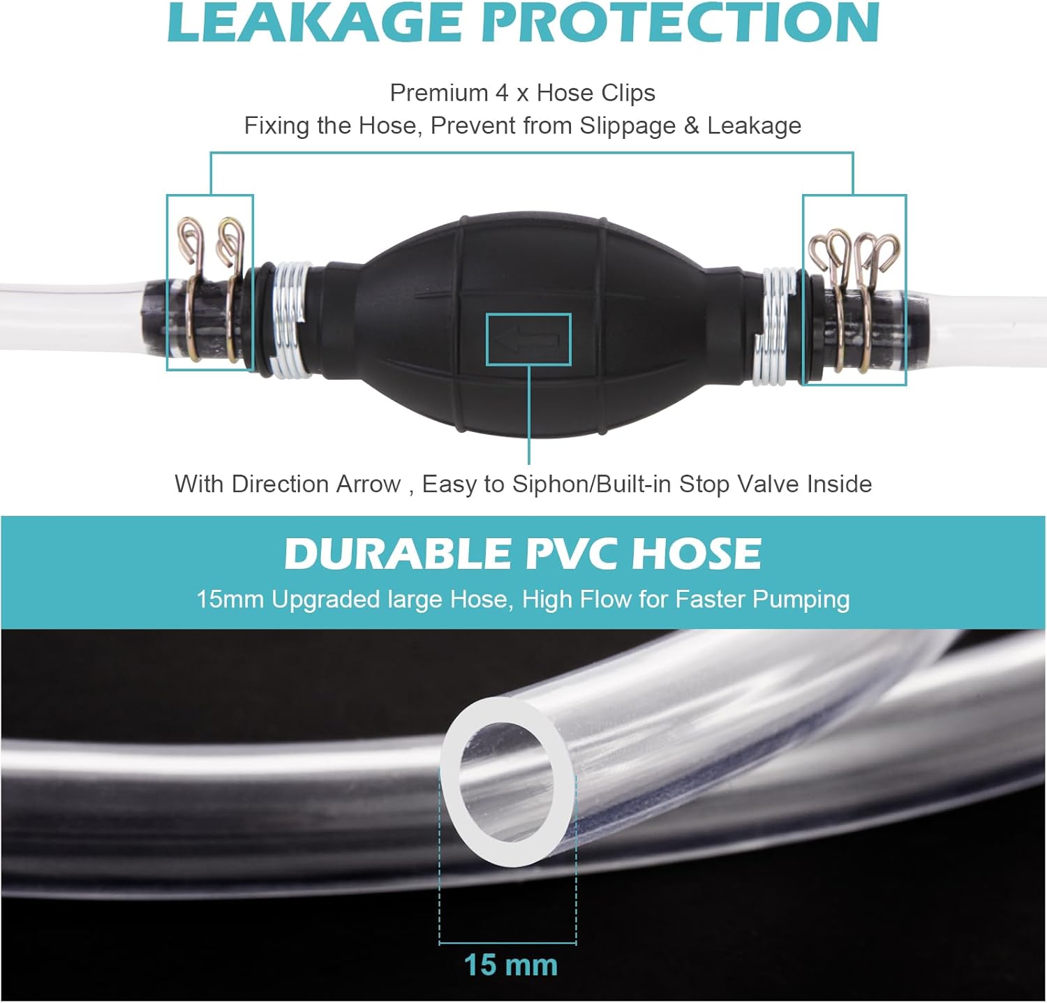 Gas Siphon Hose Pump, Manual Hand Water pump, Gasoline Transfer Pump for water Gas Oil Petrol Diesel, Fuel Siphon Pump with 2 Durable PVC Syphon Hoses, HH016 - Image 2