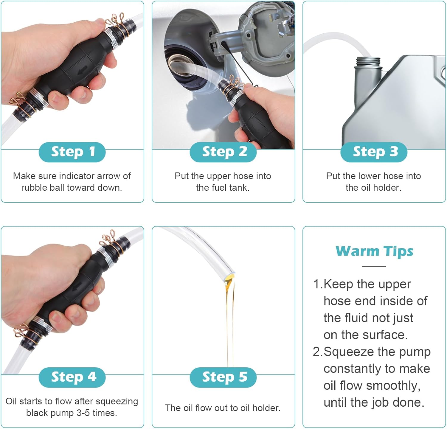 Gas Siphon Hose Pump, Manual Hand Water pump, Gasoline Transfer Pump for water Gas Oil Petrol Diesel, Fuel Siphon Pump with 2 Durable PVC Syphon Hoses, HH016 - Image 4