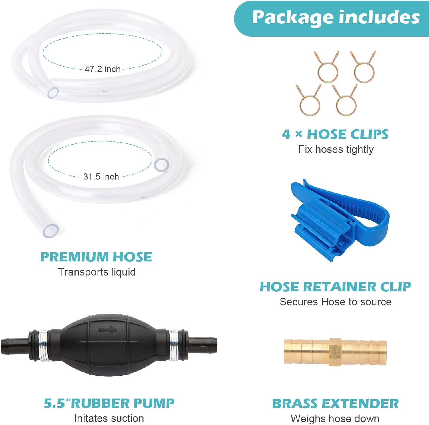 Gas Siphon Hose Pump, Manual Hand Water pump, Gasoline Transfer Pump for water Gas Oil Petrol Diesel, Fuel Siphon Pump with 2 Durable PVC Syphon Hoses, HH016 - Image 8