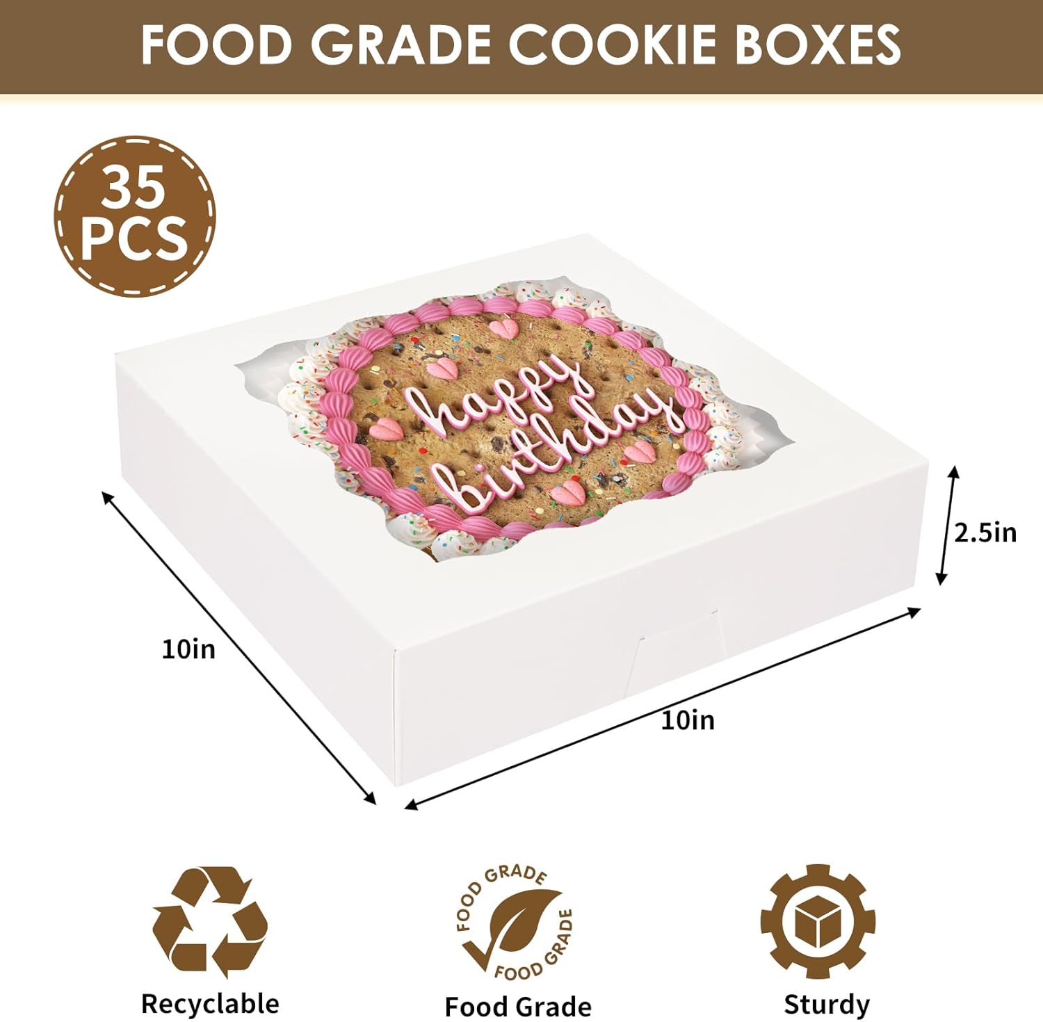 35pcs Bakery Boxes, 10x10x2.5 Inches Auto-Popup Cookie Boxes with Window for Pie, Cookie Cake, Treats, Pastries, Chocolate Covered Strawberries - Image 2