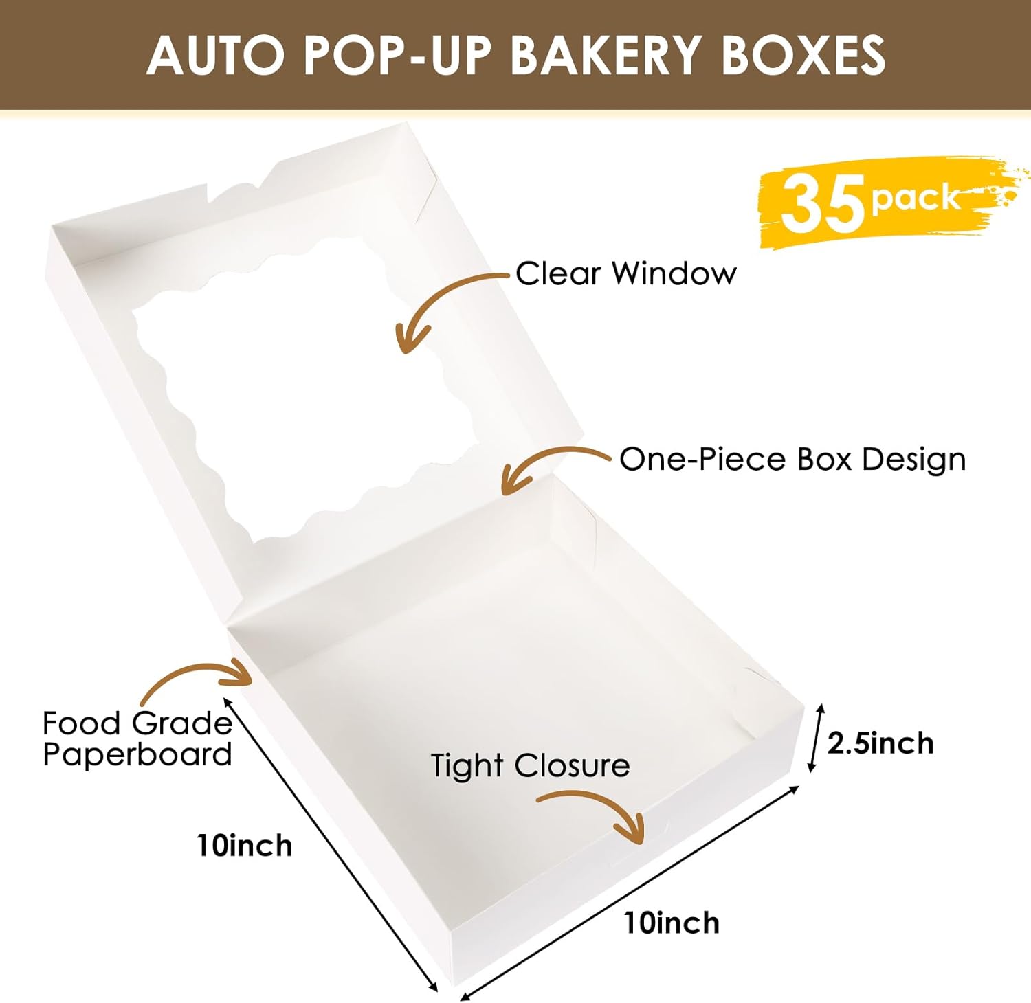 35pcs Bakery Boxes, 10x10x2.5 Inches Auto-Popup Cookie Boxes with Window for Pie, Cookie Cake, Treats, Pastries, Chocolate Covered Strawberries - Image 3