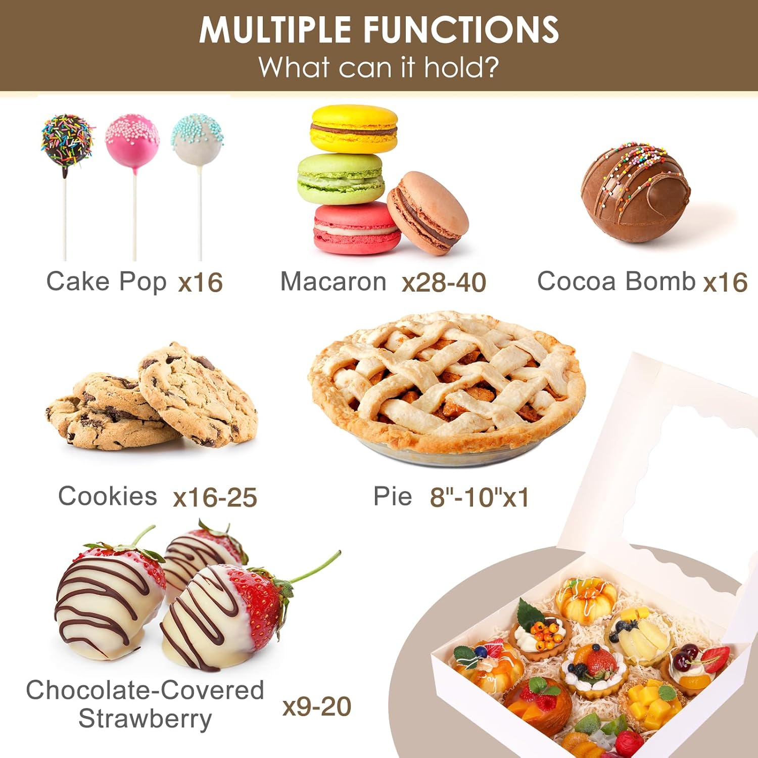 35pcs Bakery Boxes, 10x10x2.5 Inches Auto-Popup Cookie Boxes with Window for Pie, Cookie Cake, Treats, Pastries, Chocolate Covered Strawberries - Image 4