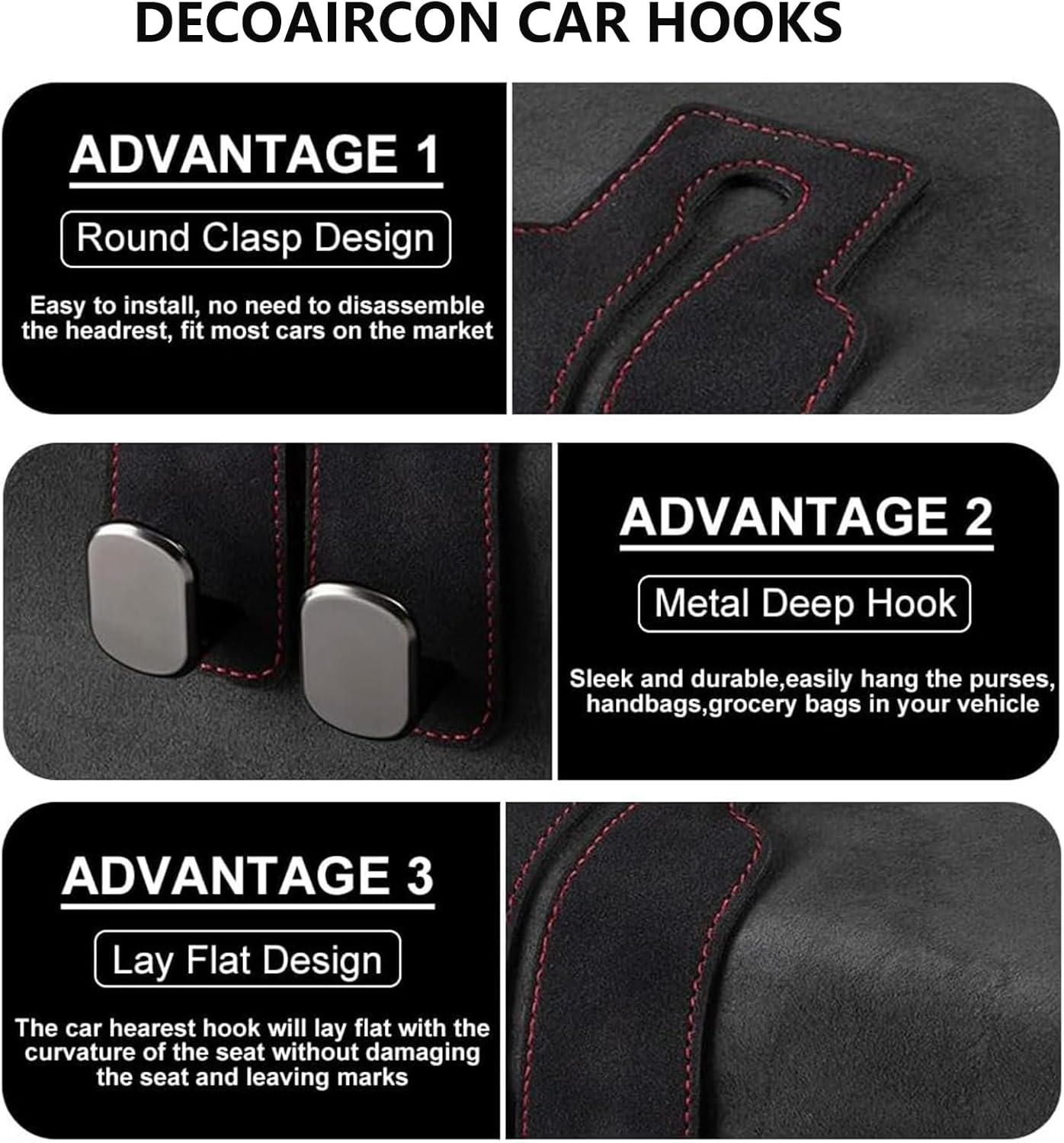 2 Pack Car Hooks for Headrest, Headrest Hooks Car Purse Hook Car Seat Back Storage Hook Premium Leather Car Seat Holder for Headrest Purses and Bags (Black) - Image 4