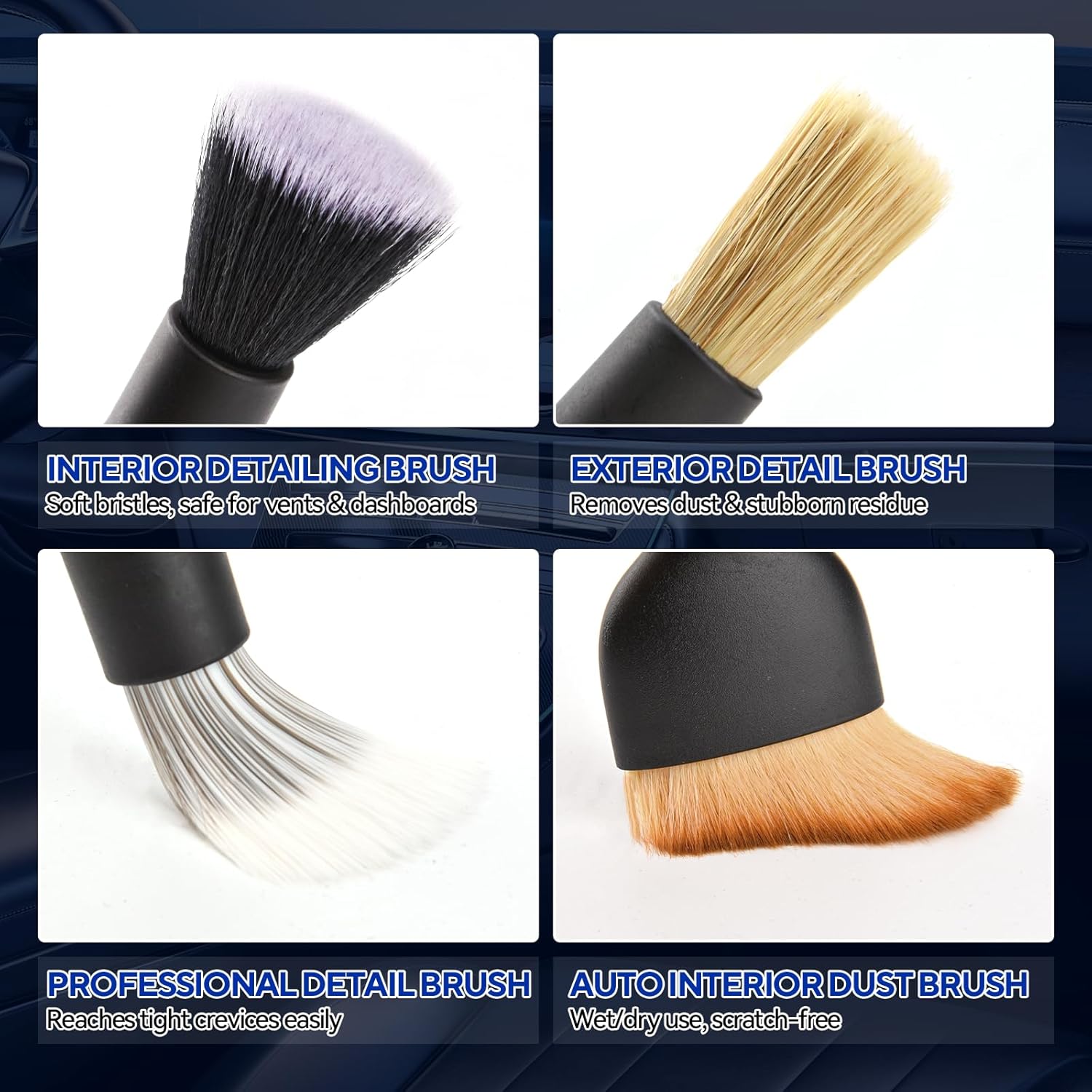 7PCS Car Deng Brush Kit - Ultra Soft Boars Hair Car Interior Deng Brushes, Includes 4 Different Brushes, Multi-use for Cleaning Interior or Exterior - Perfect Car Accessory Gift - Image 2