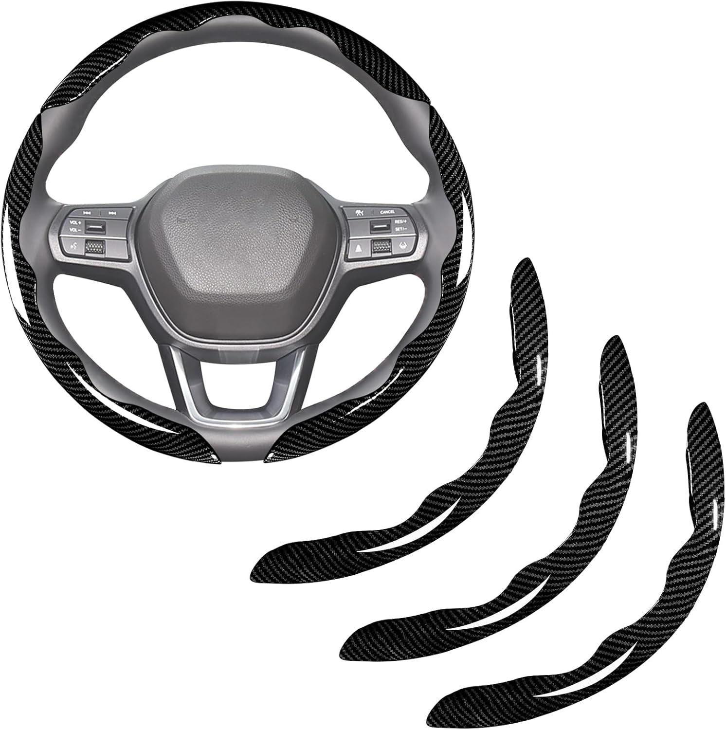 Carbon Fiber Steering Wheel Covers 3 Piece Clip on Steering Wheel Cover (Black) - Image 1