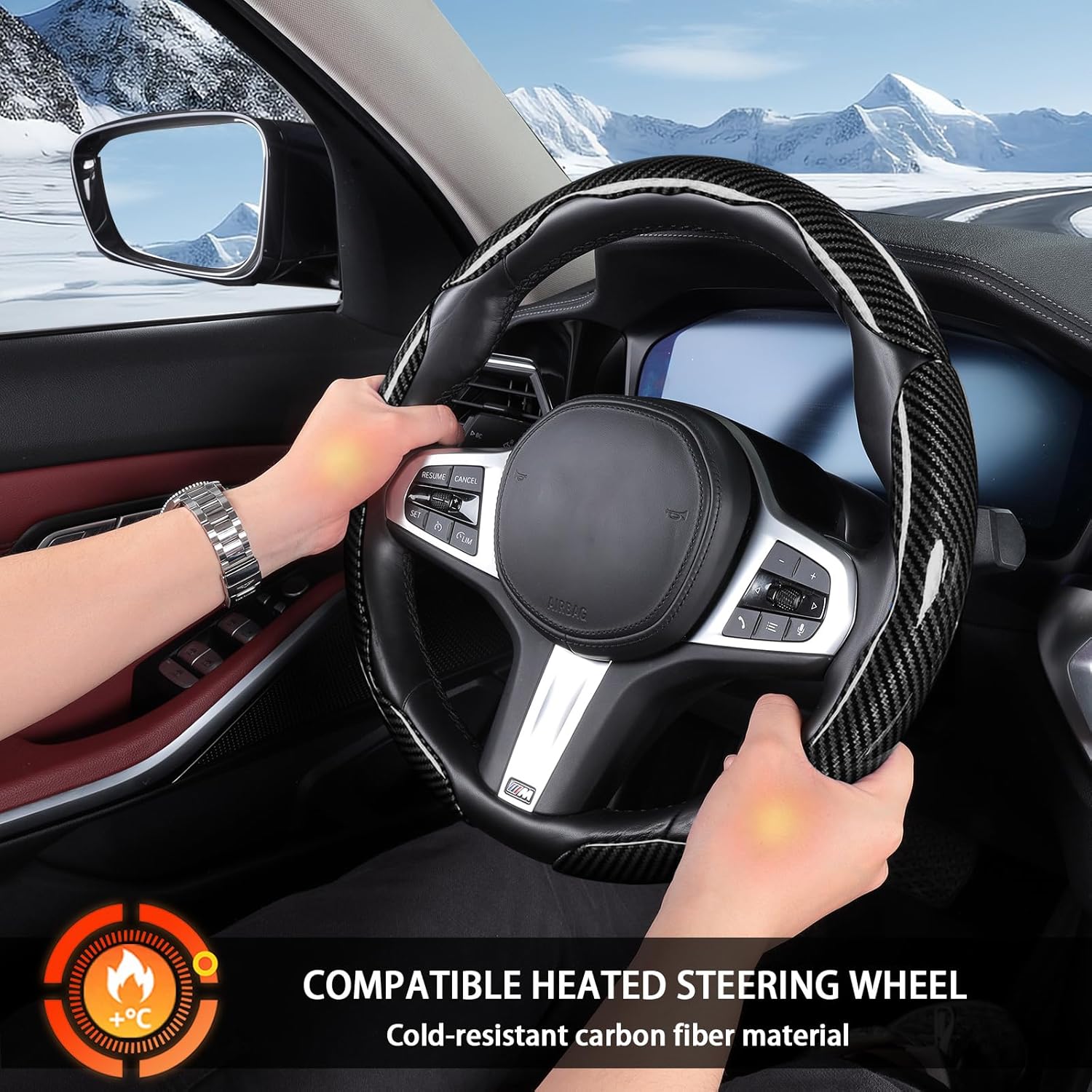 Carbon Fiber Steering Wheel Covers 3 Piece Clip on Steering Wheel Cover (Black) - Image 2