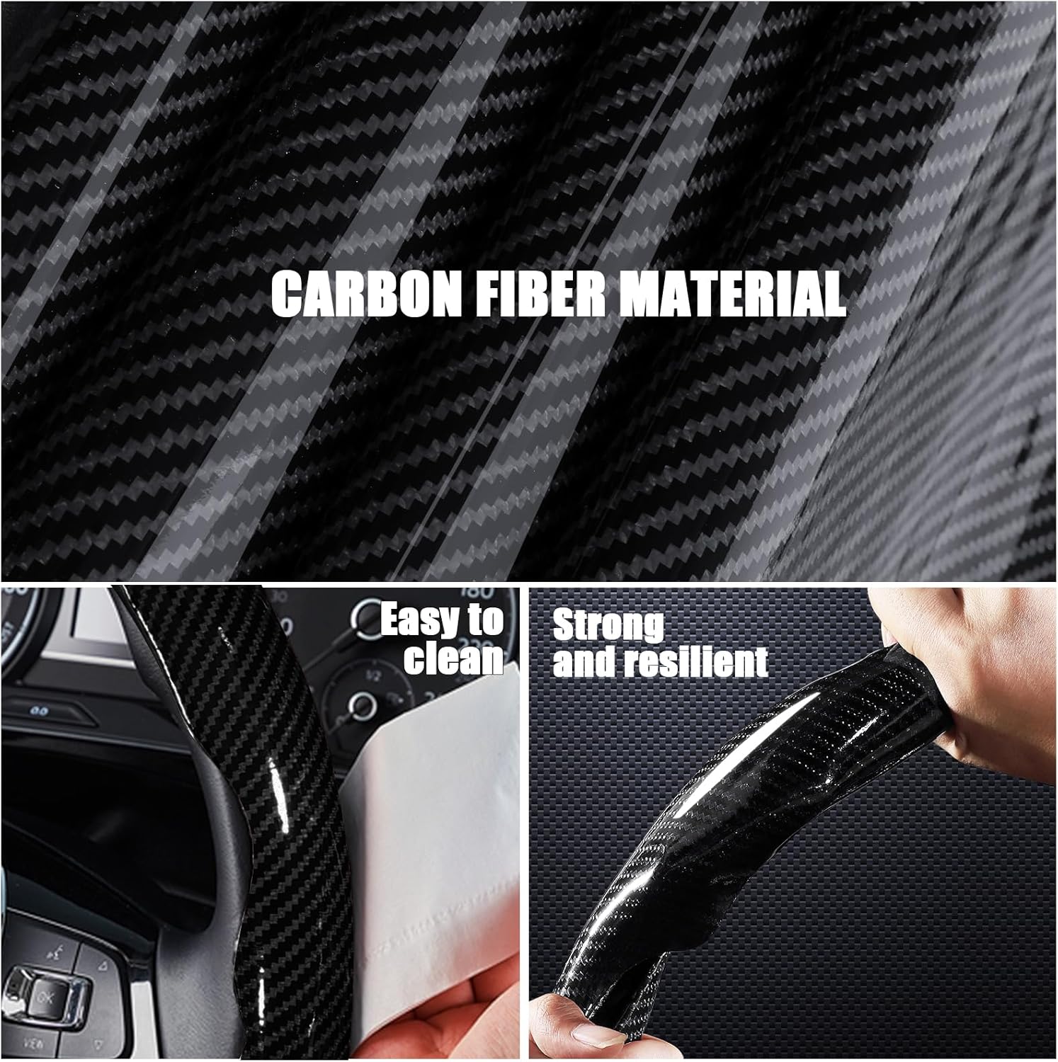 Carbon Fiber Steering Wheel Covers 3 Piece Clip on Steering Wheel Cover (Black) - Image 3