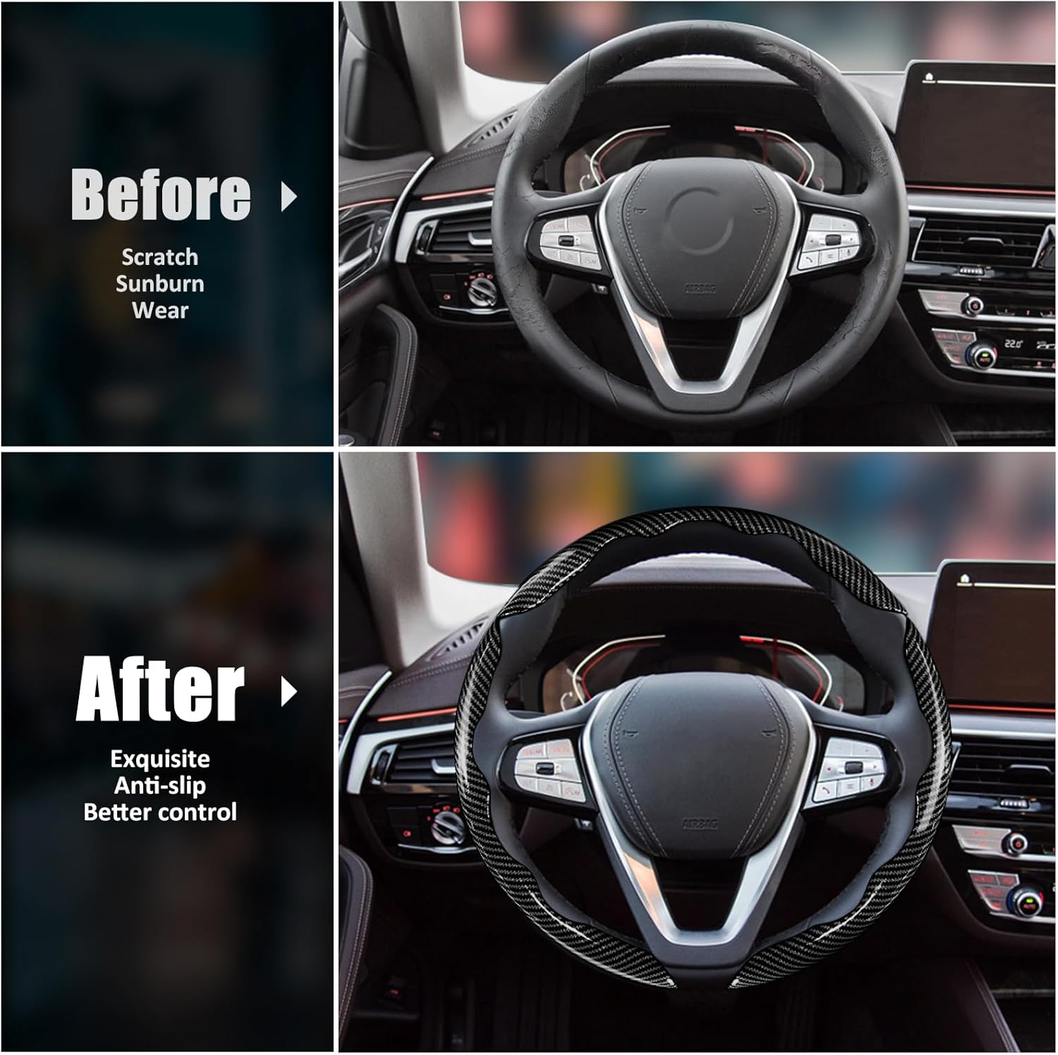 Carbon Fiber Steering Wheel Covers 3 Piece Clip on Steering Wheel Cover (Black) - Image 6