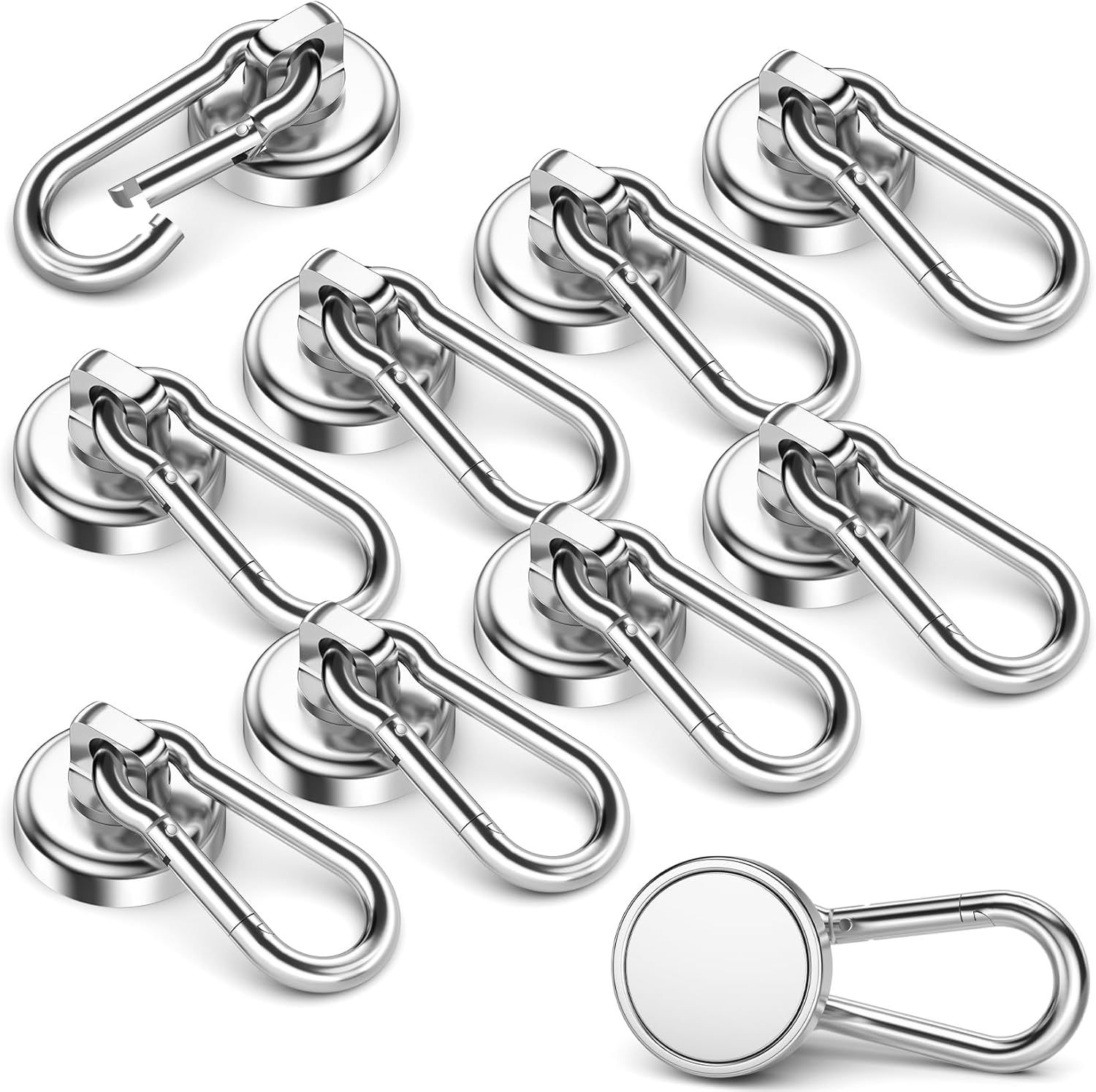 10 Pack Strong Neodymium Magnetic Hooks Heavy Duty with Swivel Carabiner, 70LBS Magnet Hooks for Hanging, Magnet with Hook for Kitchen, Home, Warehouse, School - Image 1