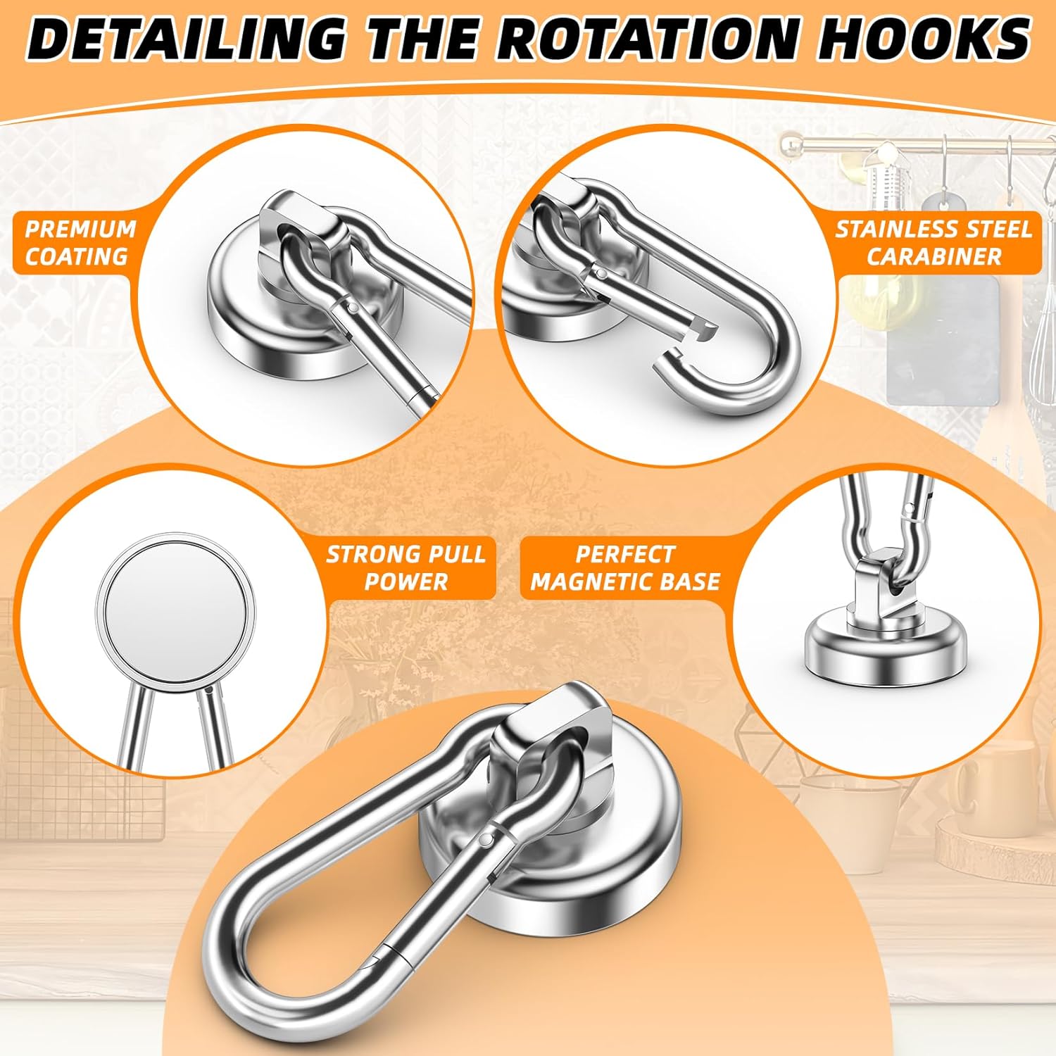 10 Pack Strong Neodymium Magnetic Hooks Heavy Duty with Swivel Carabiner, 70LBS Magnet Hooks for Hanging, Magnet with Hook for Kitchen, Home, Warehouse, School - Image 5