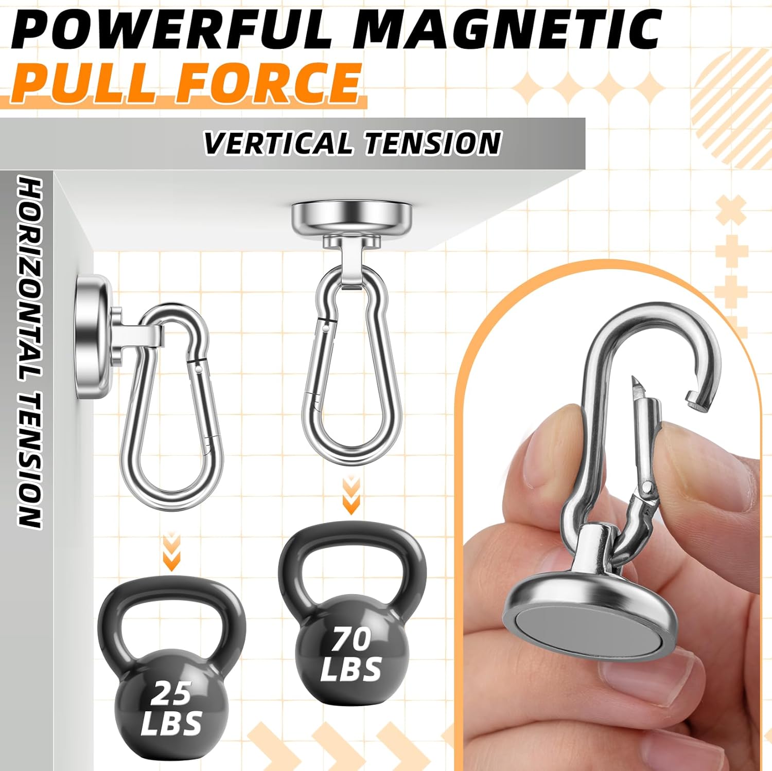 10 Pack Strong Neodymium Magnetic Hooks Heavy Duty with Swivel Carabiner, 70LBS Magnet Hooks for Hanging, Magnet with Hook for Kitchen, Home, Warehouse, School - Image 7