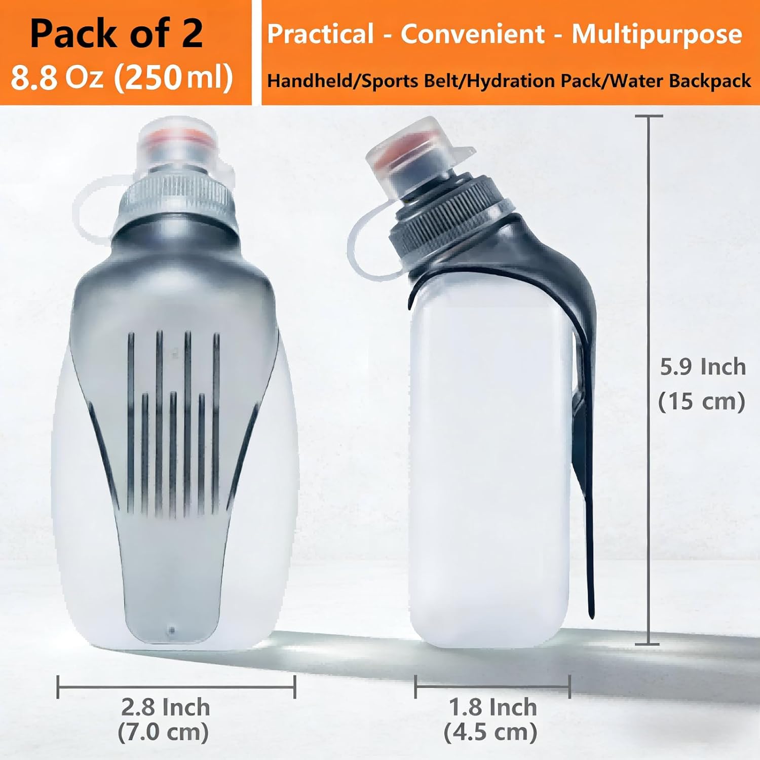 Water Bottle for Running No Bounce Water Bottle with Clip and Cover Cap,BPA-Free Plastic, 8.8oz (250ml) for Running/Marathon/Walking/Hiking/Cycling/Trail/Skiing (2 Pack) - Image 2