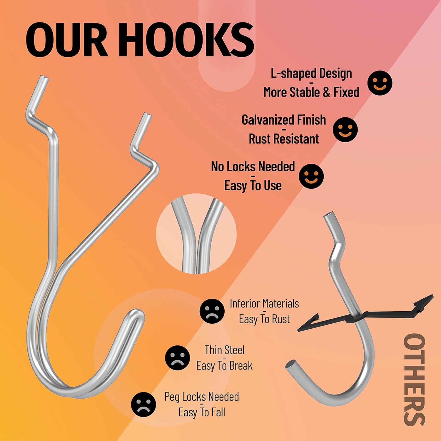 80 Pack Pegboard Hooks J-Hook – 1 Inch Silver J Hooks for Pegboard – Heavy Duty Peg Board Hooks for Hanging Jewelry, Keys, Retail Items & Small Tools – Fits 1/8” & 3/16” Pegboards - Image 2