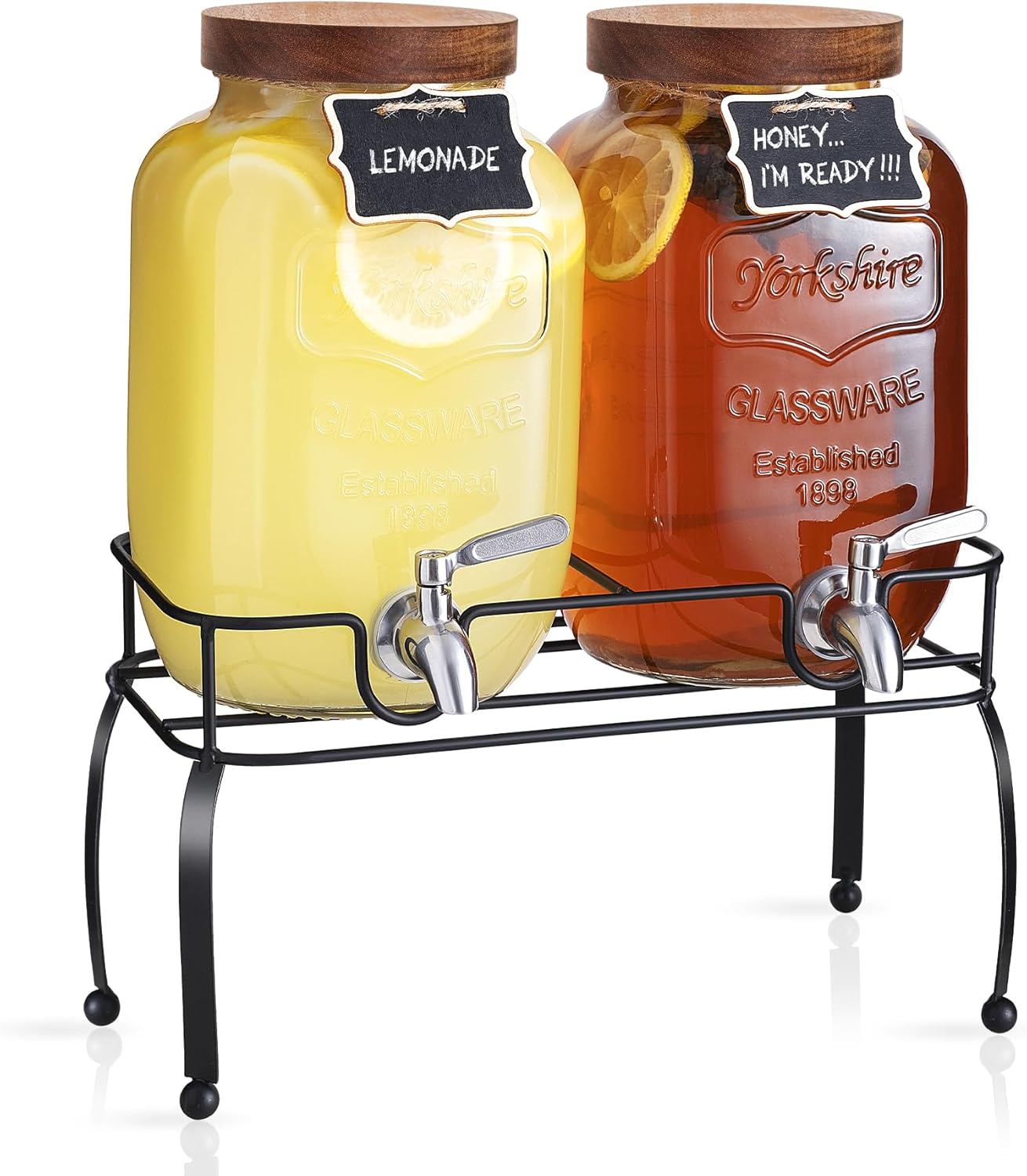 Glass Drink Dispenser for Parties, 1 Gallon Beverage Dispenser with Stand and Spigot Solid Stainless Steel, Used as Lemonade Dispenser Sun Tea Jar Kombucha Jar, Set of 2 - Image 1
