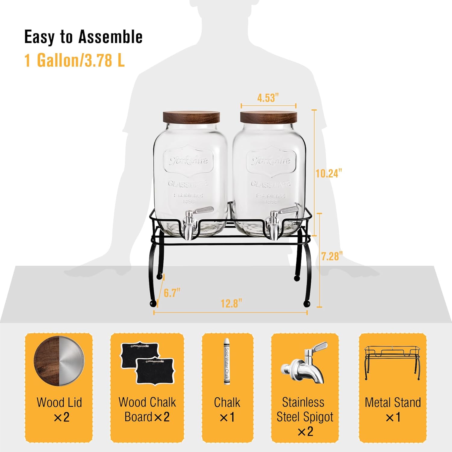 Glass Drink Dispenser for Parties, 1 Gallon Beverage Dispenser with Stand and Spigot Solid Stainless Steel, Used as Lemonade Dispenser Sun Tea Jar Kombucha Jar, Set of 2 - Image 2