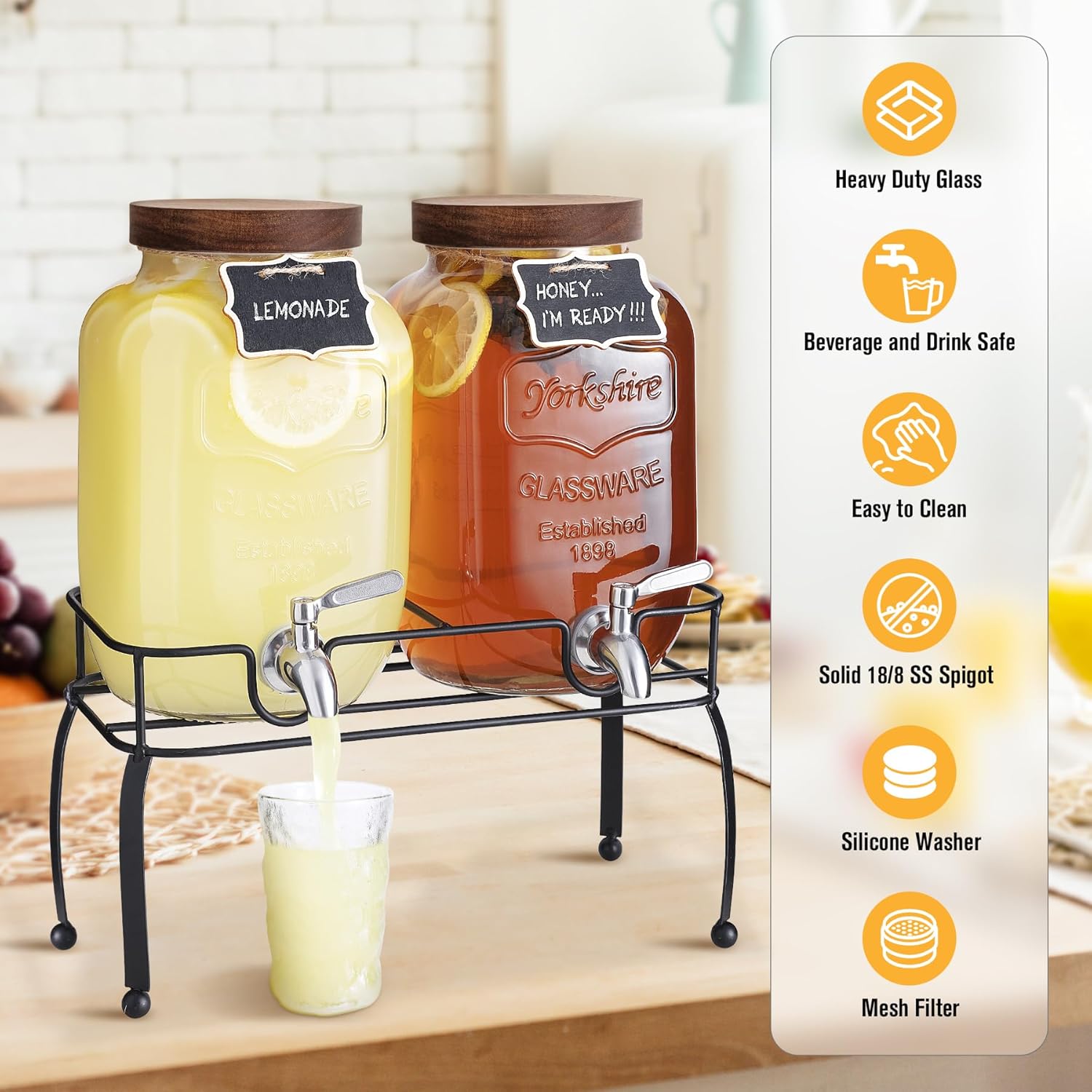 Glass Drink Dispenser for Parties, 1 Gallon Beverage Dispenser with Stand and Spigot Solid Stainless Steel, Used as Lemonade Dispenser Sun Tea Jar Kombucha Jar, Set of 2 - Image 3