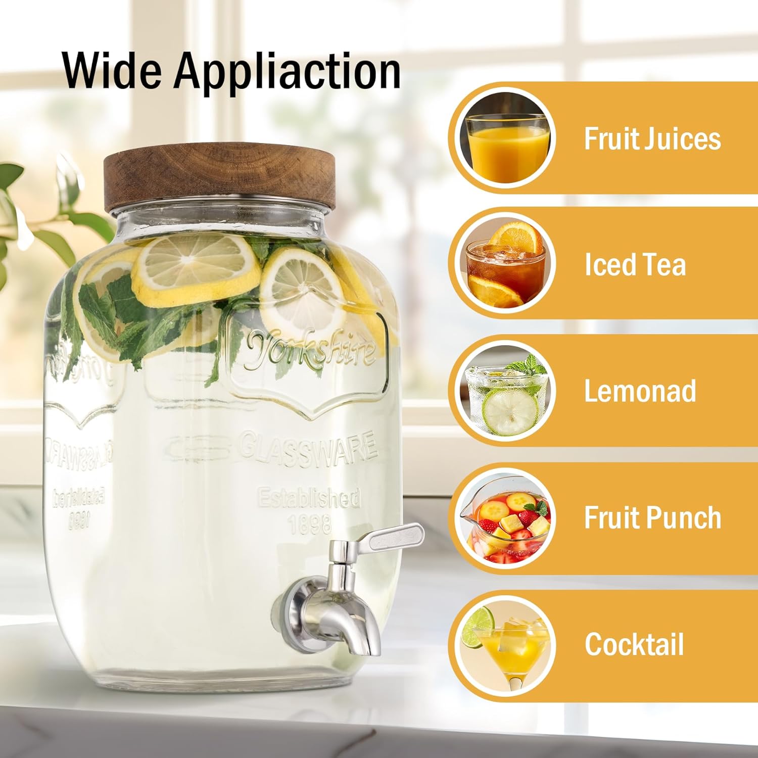 Glass Drink Dispenser for Parties, 1 Gallon Beverage Dispenser with Stand and Spigot Solid Stainless Steel, Used as Lemonade Dispenser Sun Tea Jar Kombucha Jar, Set of 2 - Image 4
