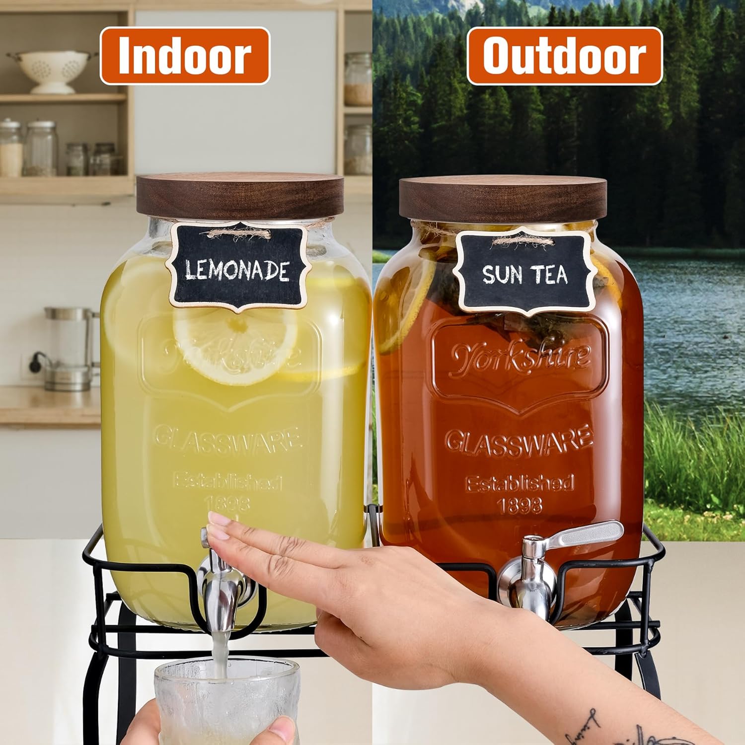 Glass Drink Dispenser for Parties, 1 Gallon Beverage Dispenser with Stand and Spigot Solid Stainless Steel, Used as Lemonade Dispenser Sun Tea Jar Kombucha Jar, Set of 2 - Image 8