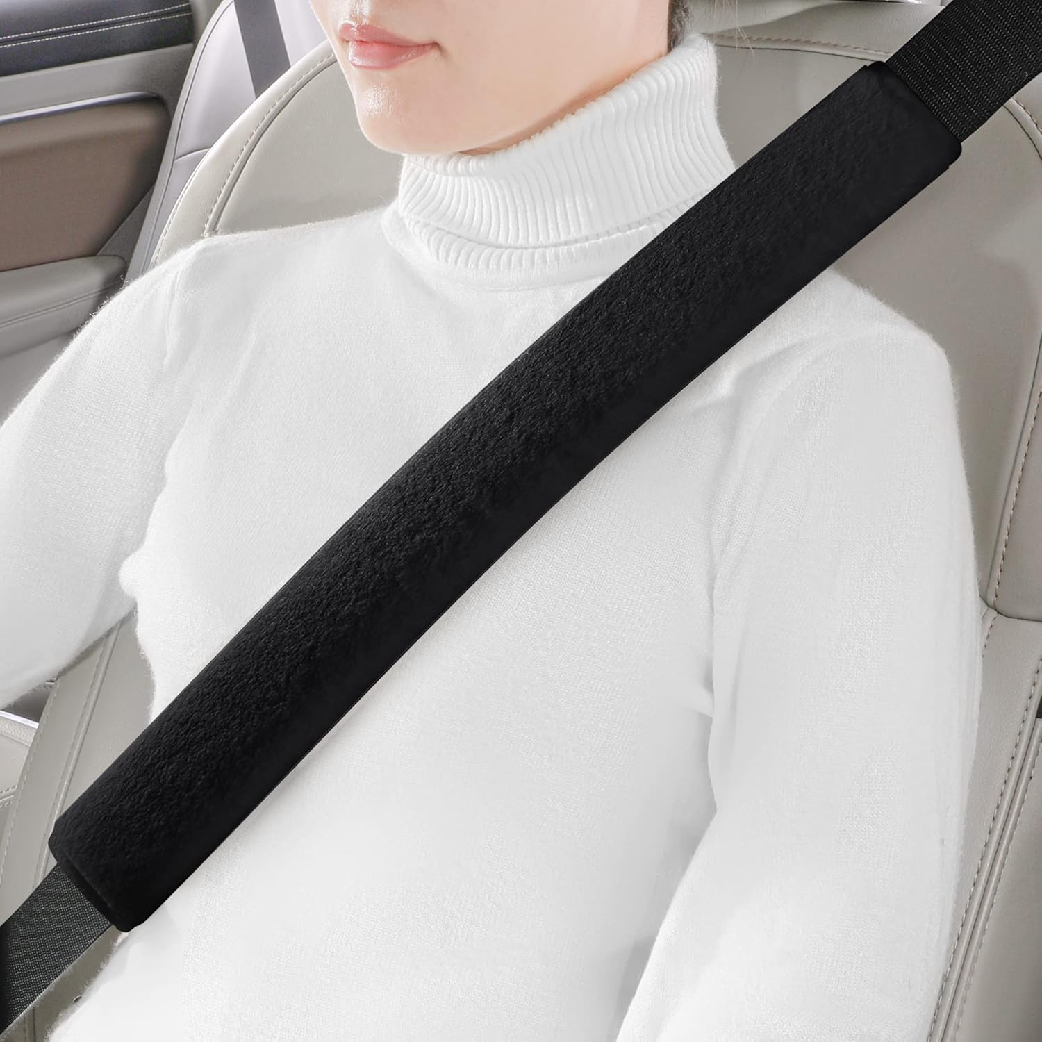 Extra Long Seatbelt Cover Super Soft Furry for Adults Kids Women & Men, Thick Plush Full Car Seat Belt Strap Cushion, Fluffy Shoulder Pad Protector, Auto Interior Accessories, 1pc, Black, 15.5in - Image 1