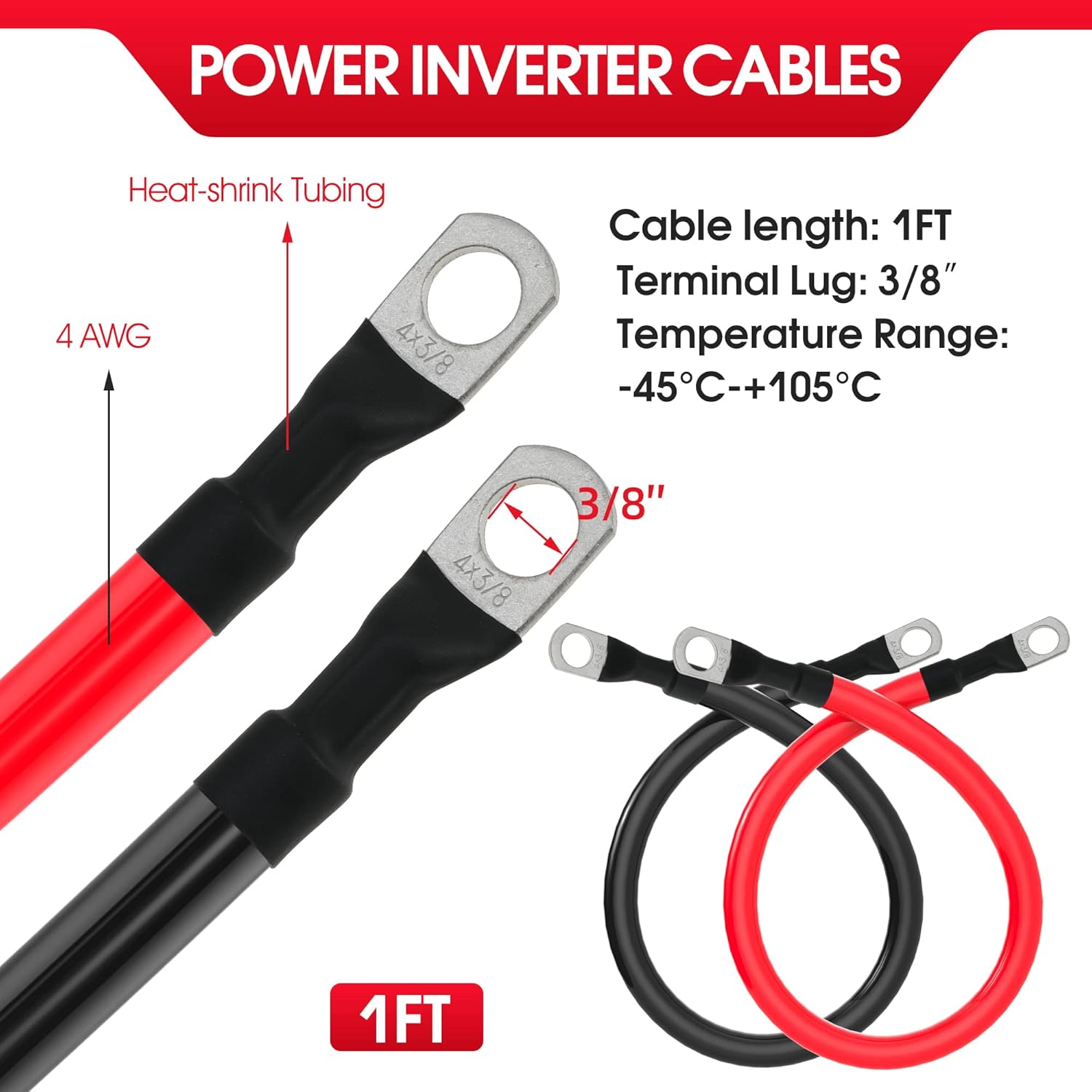 4 AWG Battery Cable 4AWG Gauge Pure Copper Battery Inverter Cables with 3/8 in Lugs Both Ends Power Inverter Wire Set for Automotive Solar Marine Boat RV Car Motorcycle Red and Black (1ft) - Image 2