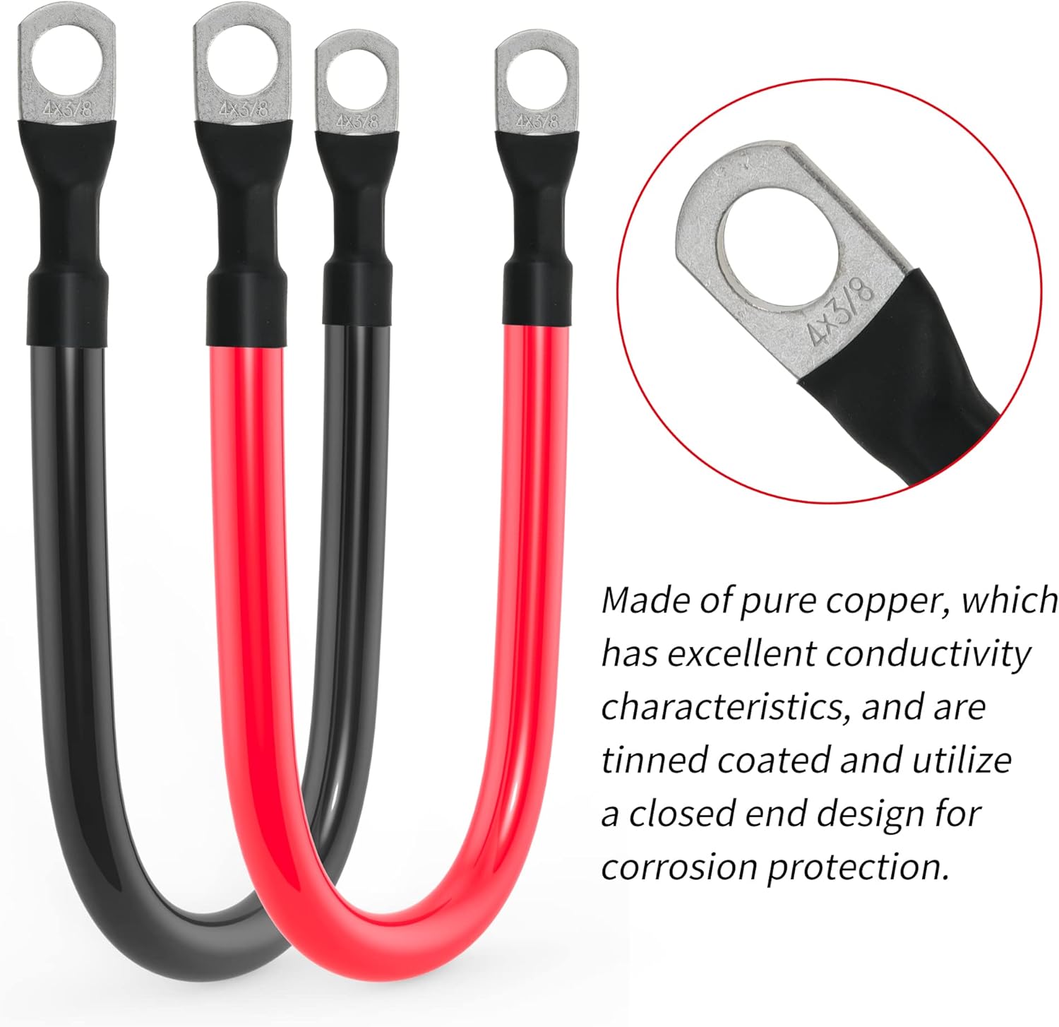 4 AWG Battery Cable 4AWG Gauge Pure Copper Battery Inverter Cables with 3/8 in Lugs Both Ends Power Inverter Wire Set for Automotive Solar Marine Boat RV Car Motorcycle Red and Black (1ft) - Image 3