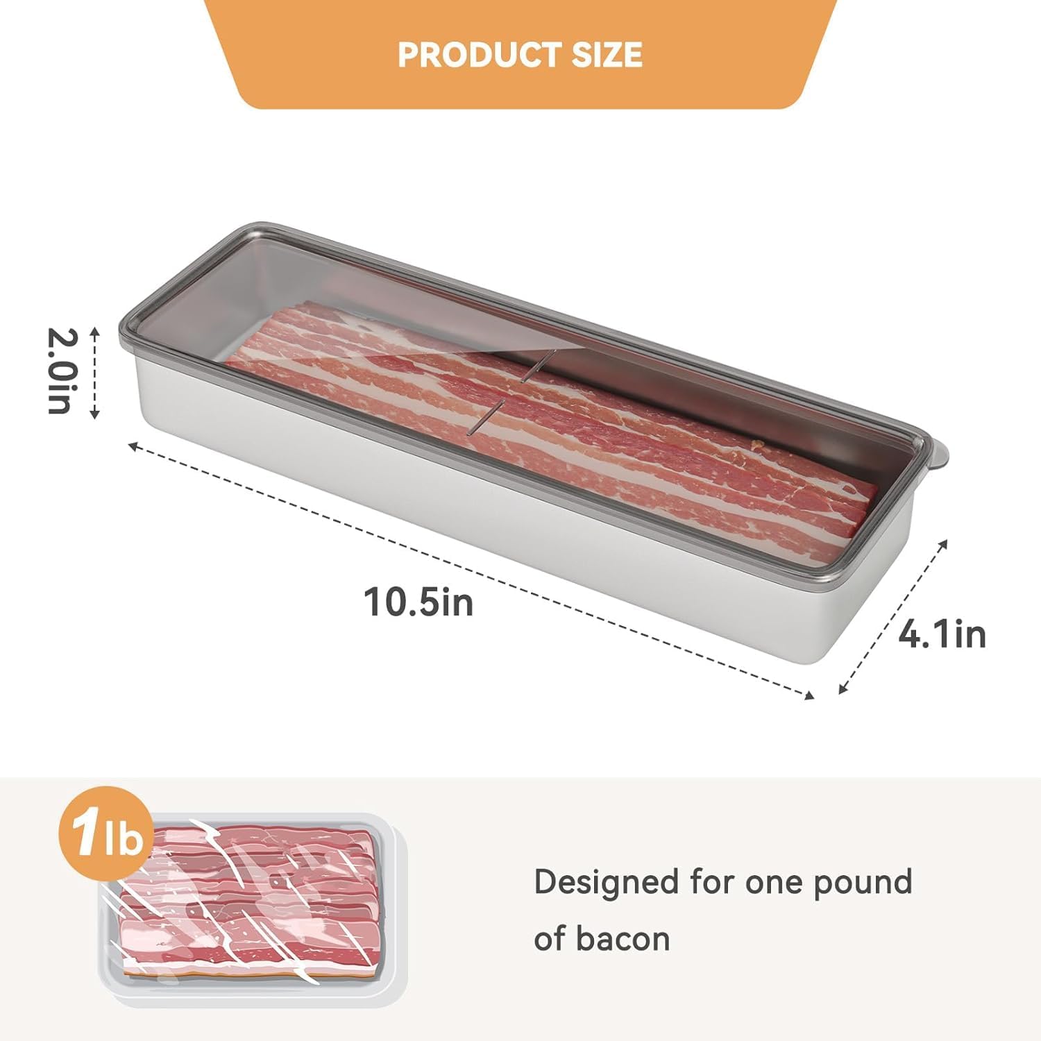 Bacon Container for Refrigerator, 1 Pack 304 Stainless Steel Airtight Deli Meat Storage Container for Fridge Dishwasher Safe Long Kitchen Food Storage Containers with Lids with Elevated Base - Image 2