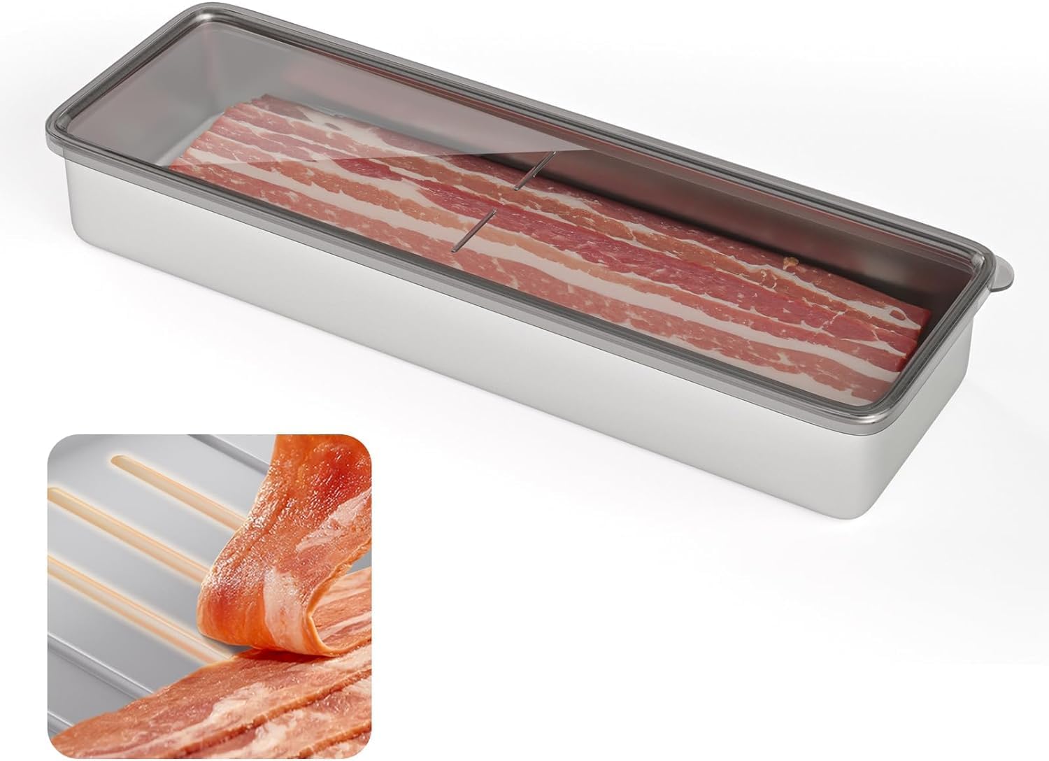 Bacon Container for Refrigerator, 1 Pack 304 Stainless Steel Airtight Deli Meat Storage Container for Fridge Dishwasher Safe Long Kitchen Food Storage Containers with Lids with Elevated Base - Image 5