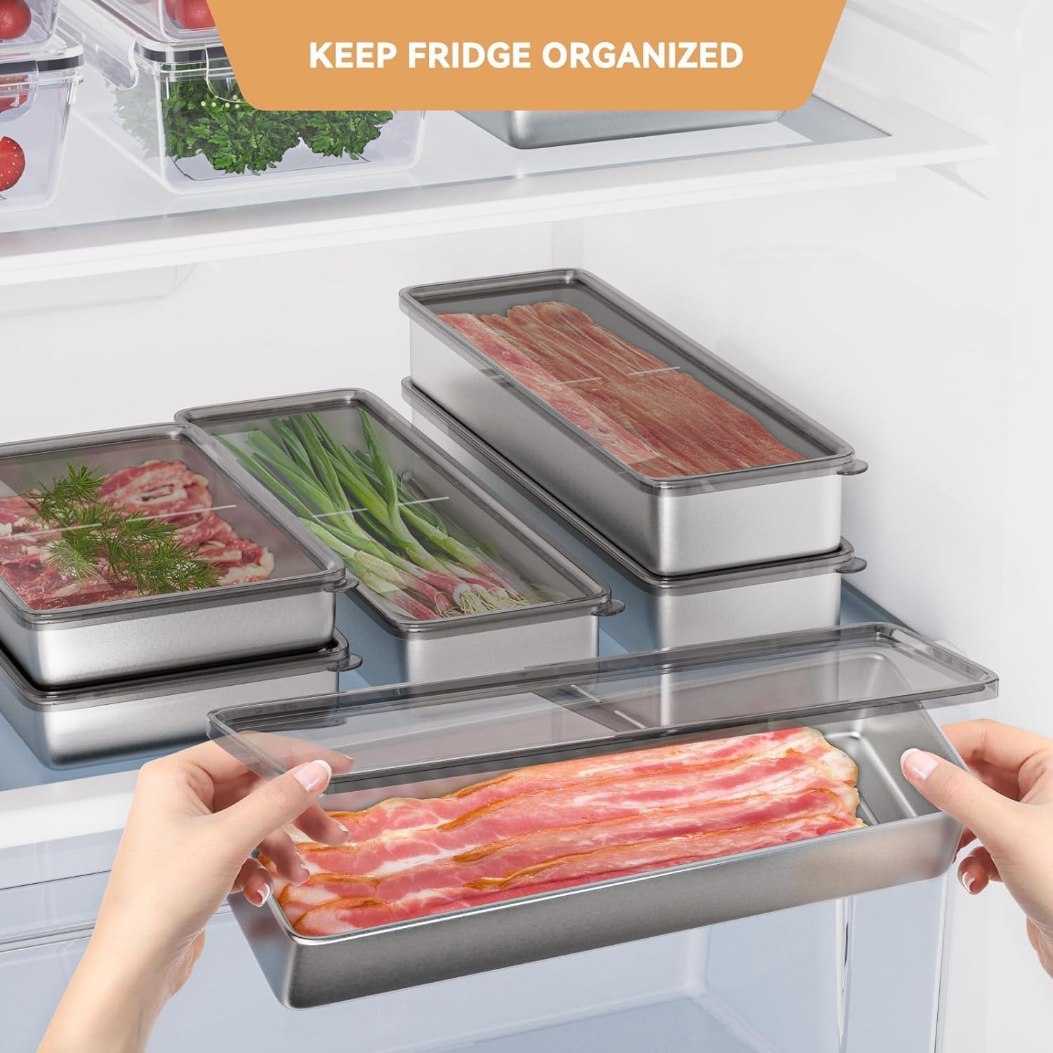 Bacon Container for Refrigerator, 1 Pack 304 Stainless Steel Airtight Deli Meat Storage Container for Fridge Dishwasher Safe Long Kitchen Food Storage Containers with Lids with Elevated Base - Image 7