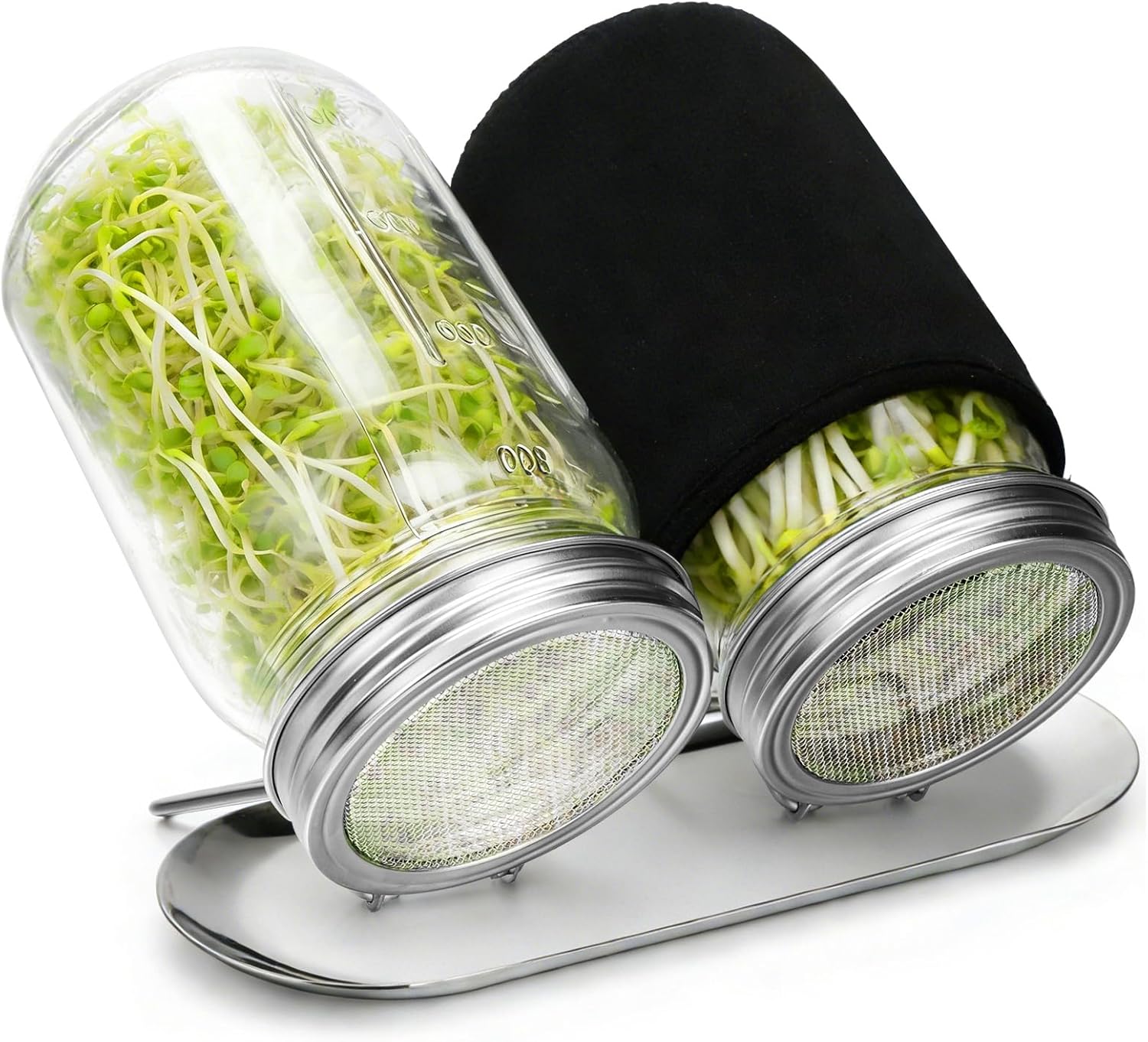 Sprouting Kit with Stainless Steel Screen Sprouting Lids & Glass Mason Jars & Light-Blocking Sleeves, 2Pack Premium Reusable Sprouts Growing Kit for Organic Broccoli Alfalfa Seeds Bean Sprouts - Image 1