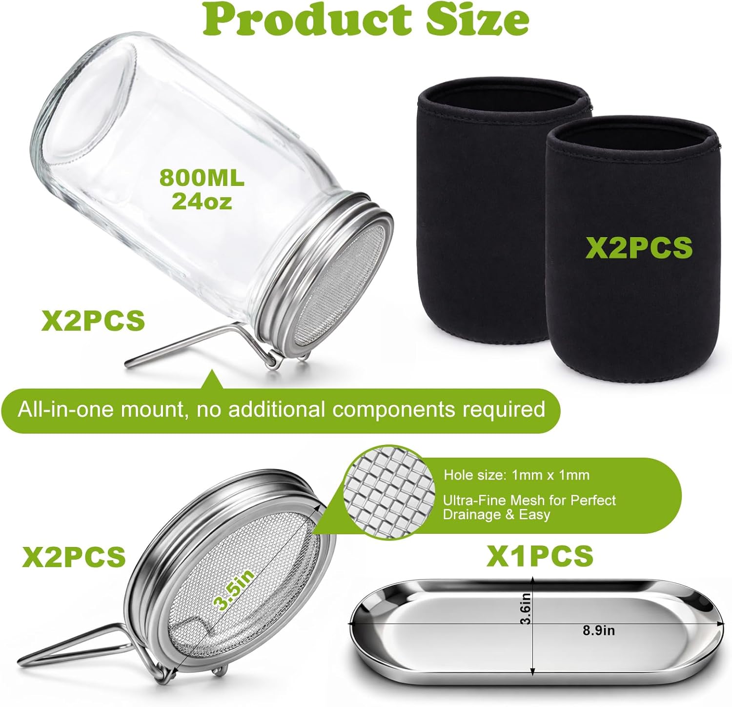 Sprouting Kit with Stainless Steel Screen Sprouting Lids & Glass Mason Jars & Light-Blocking Sleeves, 2Pack Premium Reusable Sprouts Growing Kit for Organic Broccoli Alfalfa Seeds Bean Sprouts - Image 2