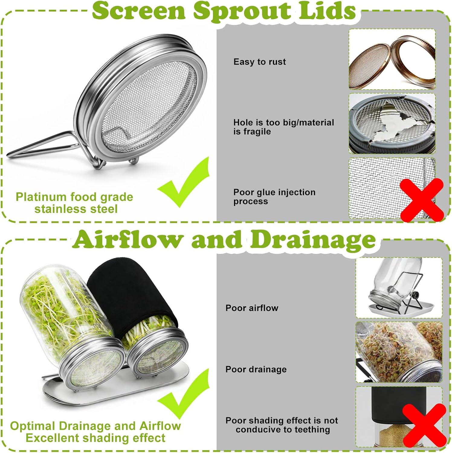 Sprouting Kit with Stainless Steel Screen Sprouting Lids & Glass Mason Jars & Light-Blocking Sleeves, 2Pack Premium Reusable Sprouts Growing Kit for Organic Broccoli Alfalfa Seeds Bean Sprouts - Image 3