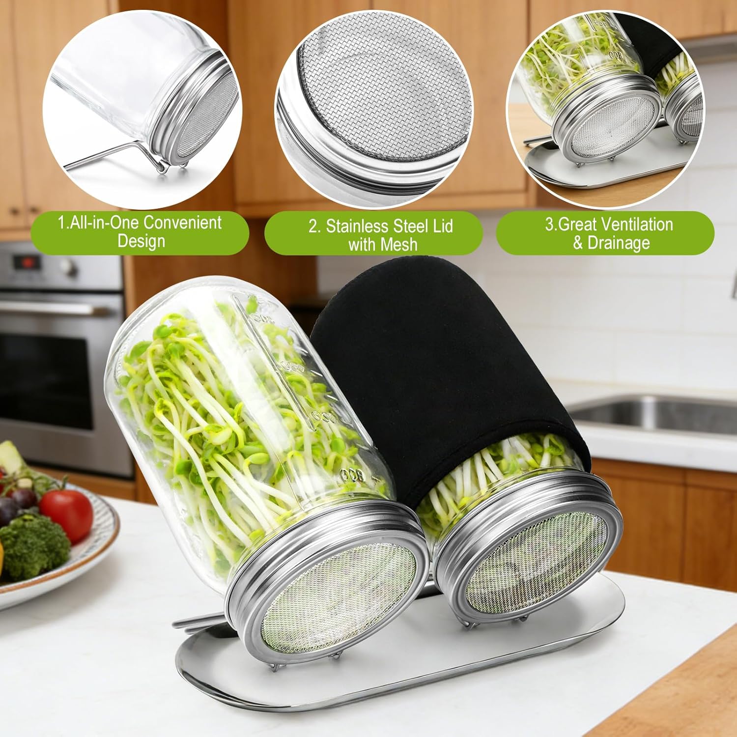 Sprouting Kit with Stainless Steel Screen Sprouting Lids & Glass Mason Jars & Light-Blocking Sleeves, 2Pack Premium Reusable Sprouts Growing Kit for Organic Broccoli Alfalfa Seeds Bean Sprouts - Image 4