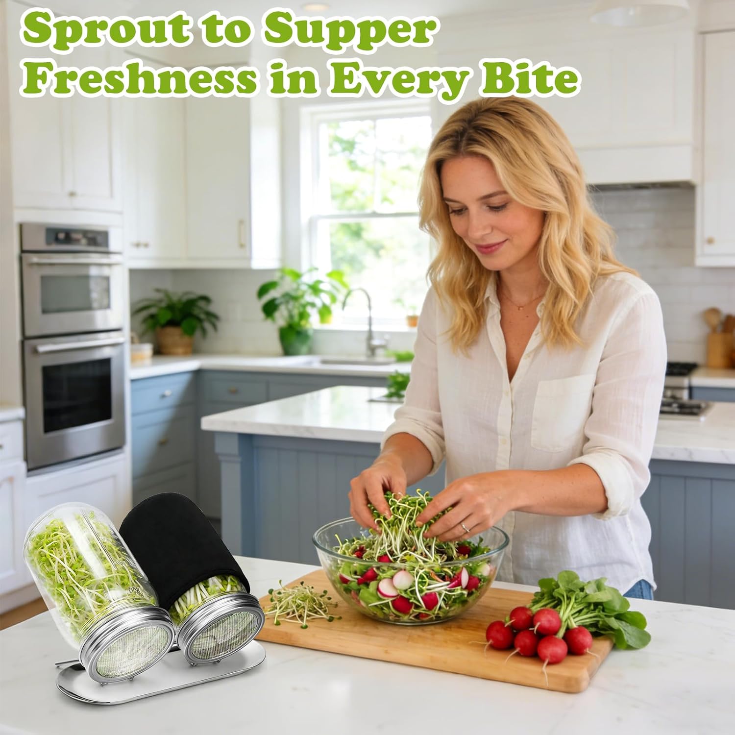 Sprouting Kit with Stainless Steel Screen Sprouting Lids & Glass Mason Jars & Light-Blocking Sleeves, 2Pack Premium Reusable Sprouts Growing Kit for Organic Broccoli Alfalfa Seeds Bean Sprouts - Image 5