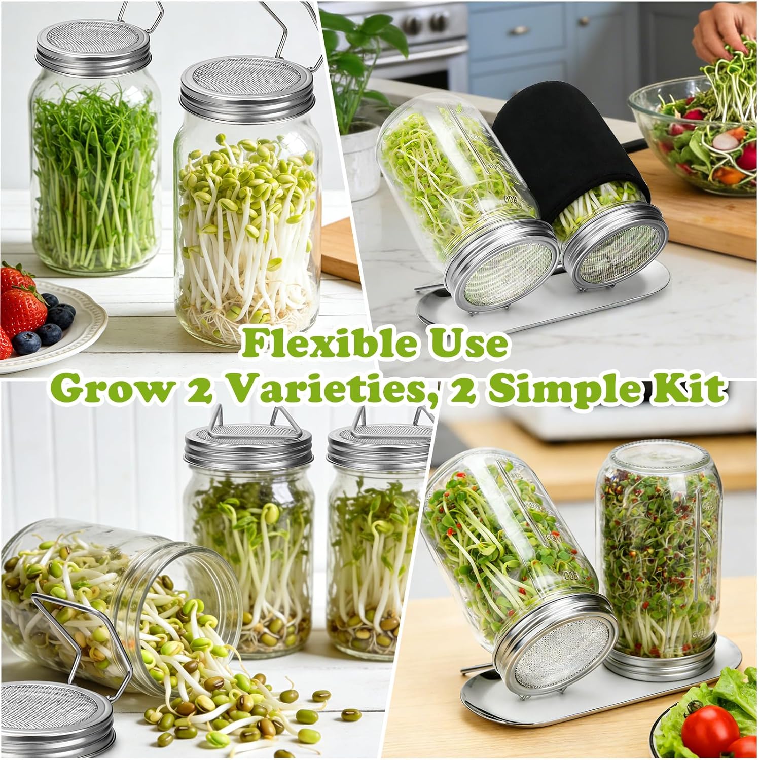 Sprouting Kit with Stainless Steel Screen Sprouting Lids & Glass Mason Jars & Light-Blocking Sleeves, 2Pack Premium Reusable Sprouts Growing Kit for Organic Broccoli Alfalfa Seeds Bean Sprouts - Image 6