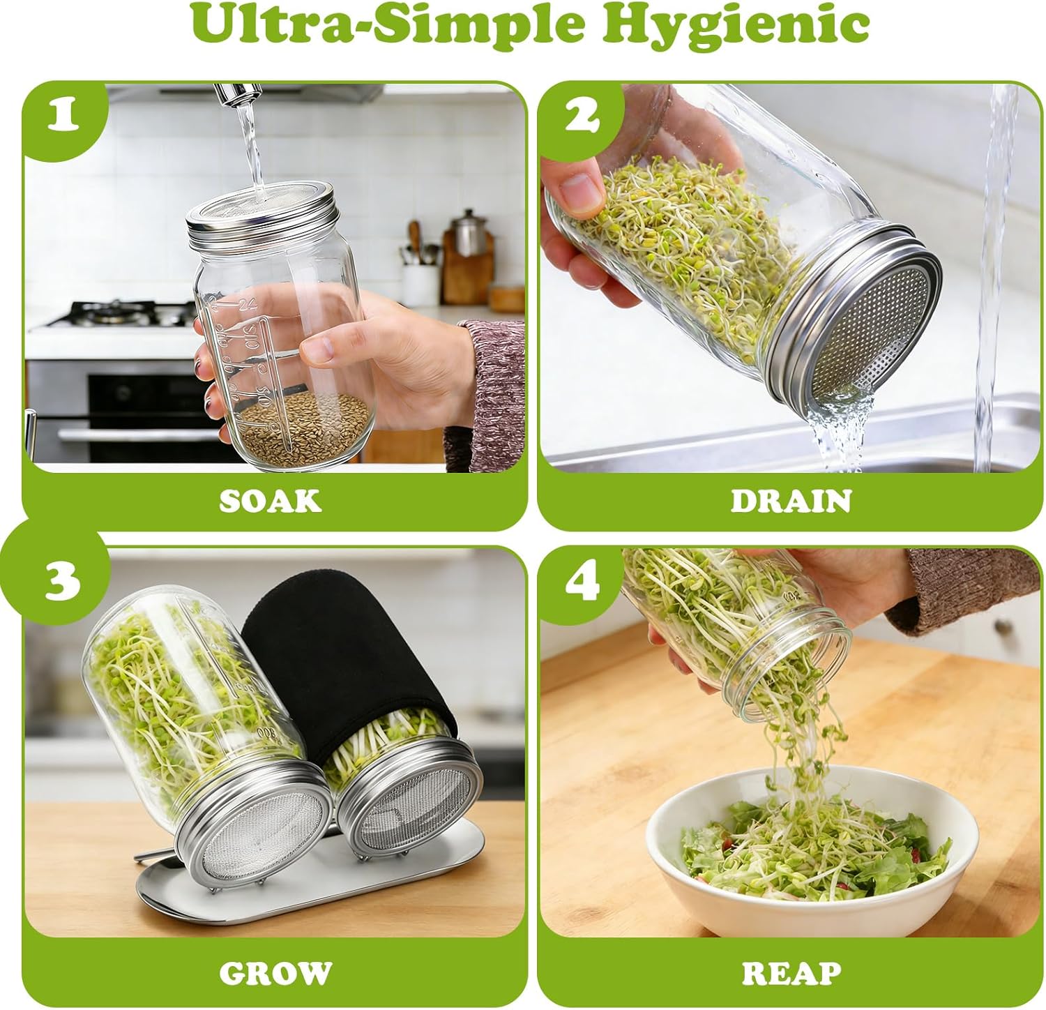 Sprouting Kit with Stainless Steel Screen Sprouting Lids & Glass Mason Jars & Light-Blocking Sleeves, 2Pack Premium Reusable Sprouts Growing Kit for Organic Broccoli Alfalfa Seeds Bean Sprouts - Image 7