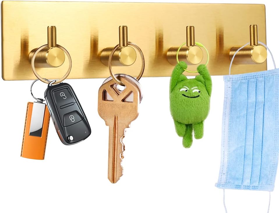 Key Holder for Christmas Wall Decorative, Adhesive Stainless Steel Key Hooks, Key Hanger Key Organizer Towel Hook Coat Hanger for Entryway Hallway Kitchen (Four Rows, Golden 1 PC) - Image 1