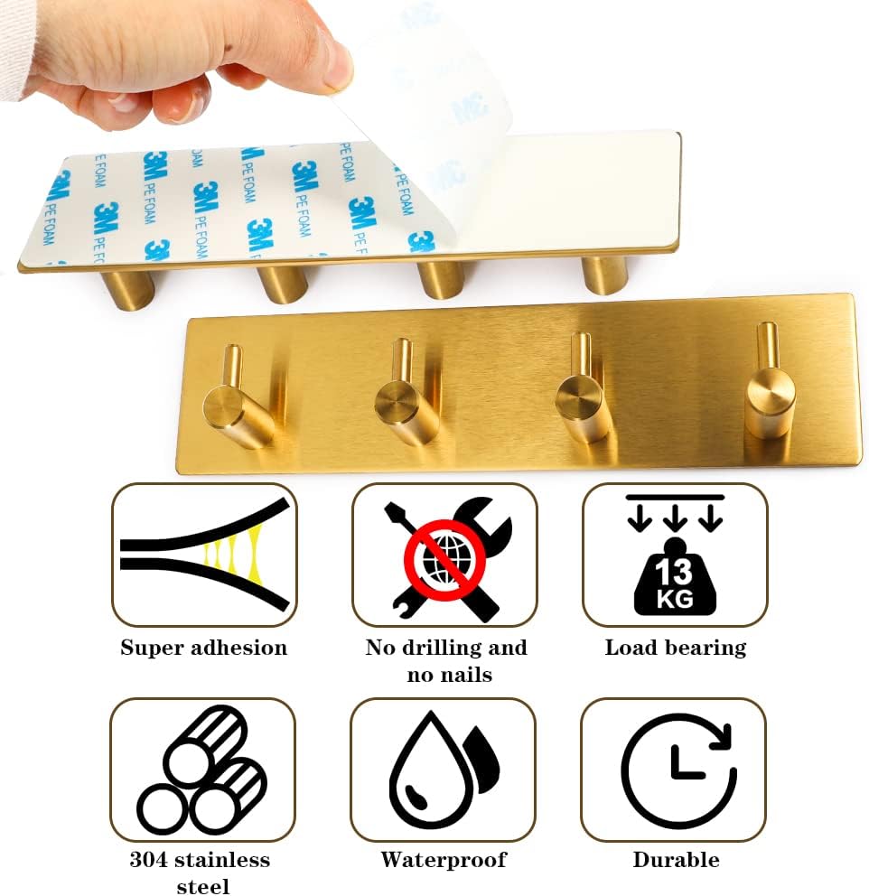 Key Holder for Christmas Wall Decorative, Adhesive Stainless Steel Key Hooks, Key Hanger Key Organizer Towel Hook Coat Hanger for Entryway Hallway Kitchen (Four Rows, Golden 1 PC) - Image 7