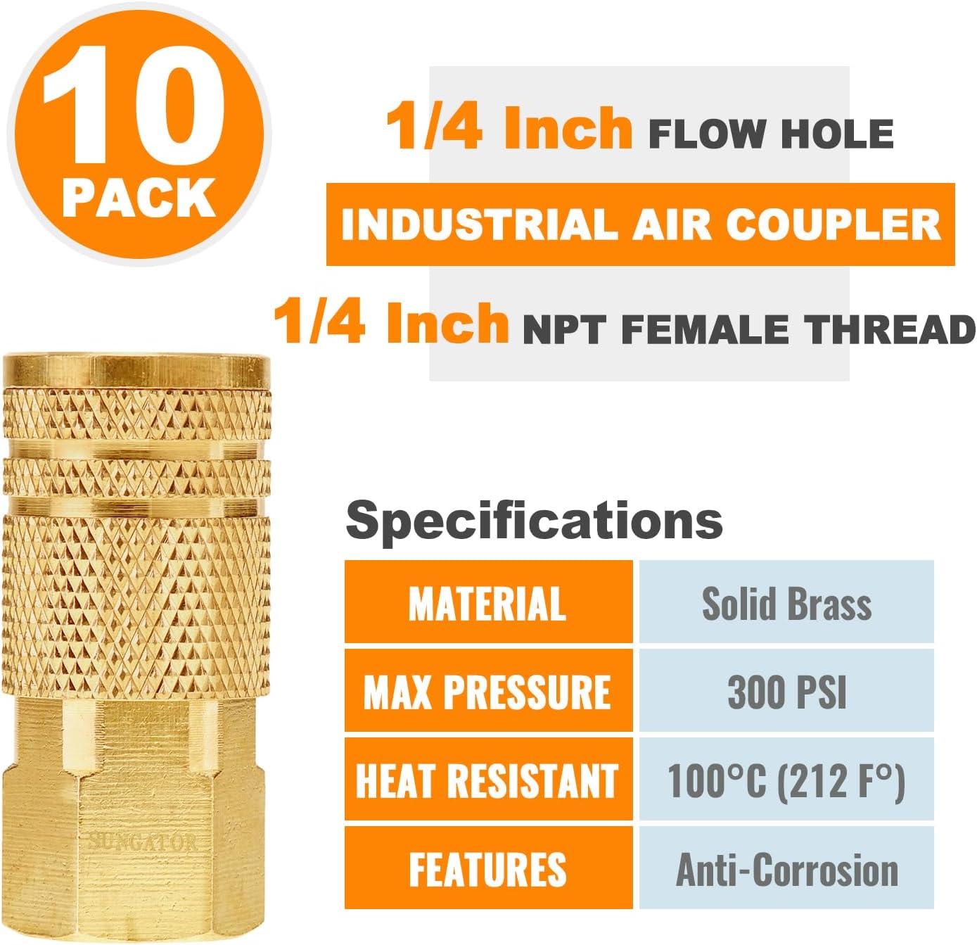 1/4'' Air Hose fittings, 10-Pack Brass 1/4 Inch NTP Female Industrial Coupler, 1/4'' Air Line Quick Connect Fittings for Auto Shop, Compressor Hose Repair Kit, 1/4 Inch NTP Coupler - Image 4