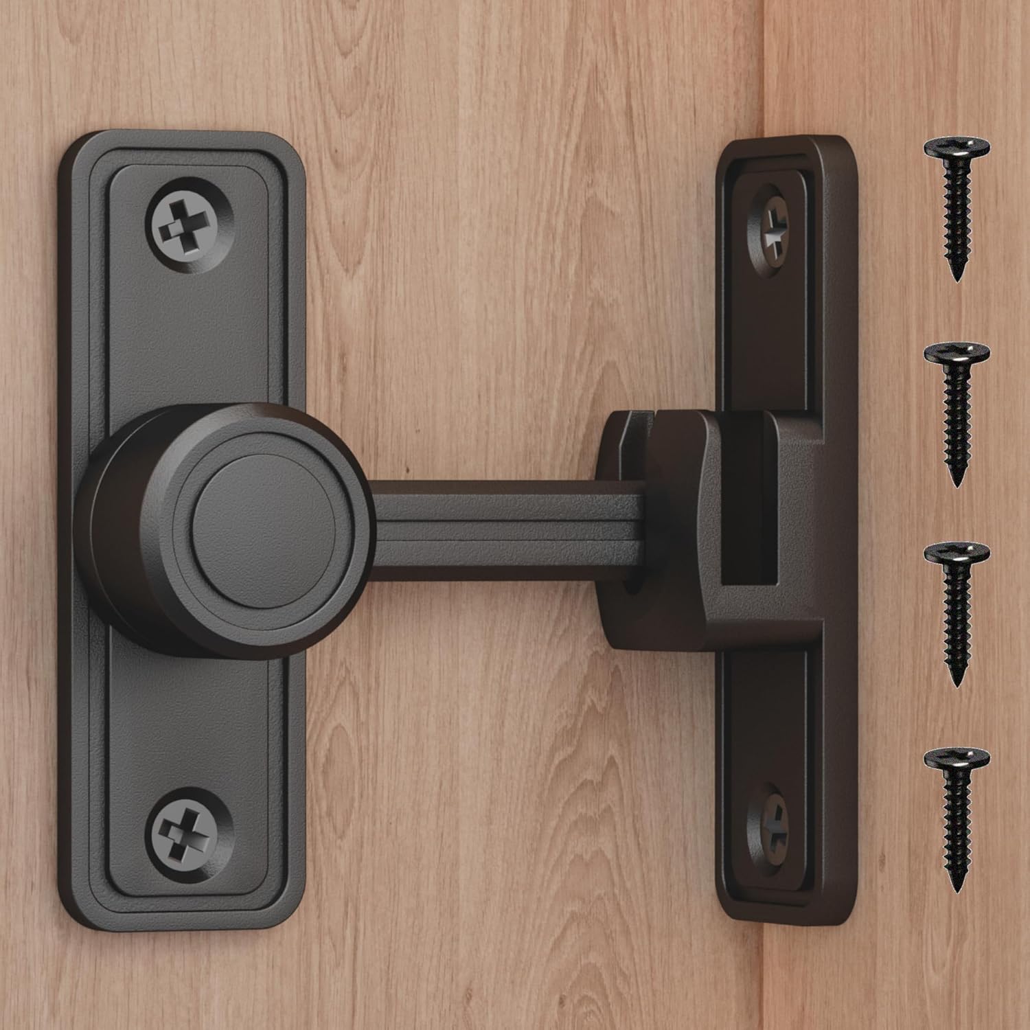 Barn Door Privacy Latch, 90°/180° Swing Slide Lock, Zinc-Alloy, Adhesive or Screw Mount, Interior Use for Bathroom/Bedroom/Closet/Shed, Includes Screws & Glue - Black - Image 1