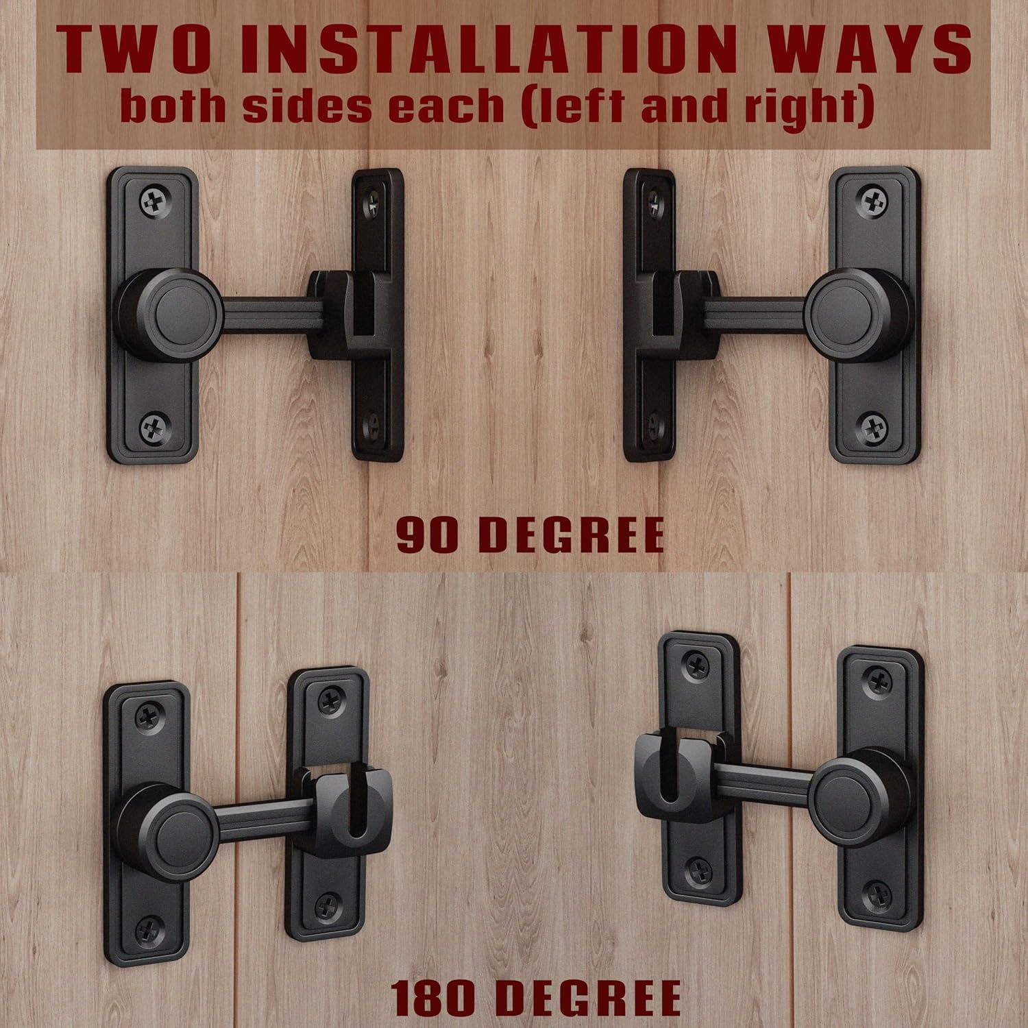 Barn Door Privacy Latch, 90°/180° Swing Slide Lock, Zinc-Alloy, Adhesive or Screw Mount, Interior Use for Bathroom/Bedroom/Closet/Shed, Includes Screws & Glue - Black - Image 3