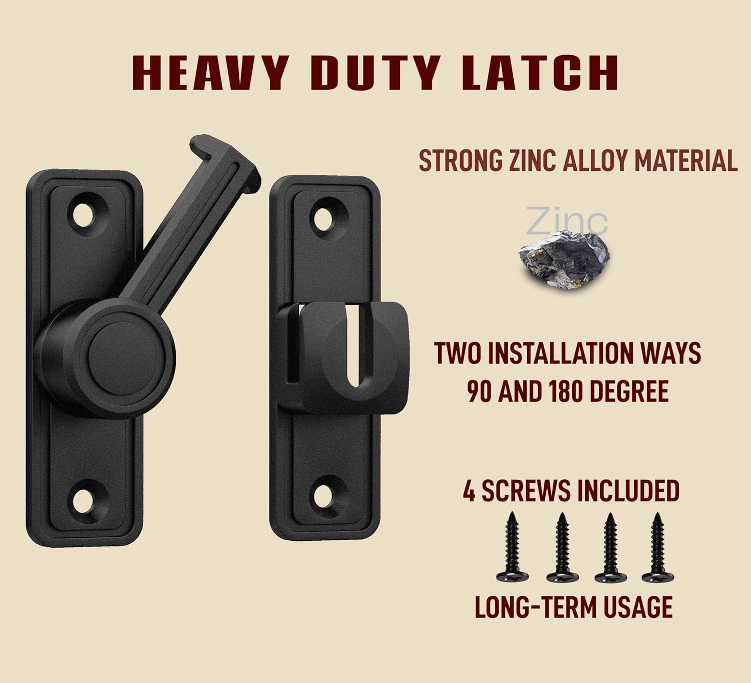 Barn Door Privacy Latch, 90°/180° Swing Slide Lock, Zinc-Alloy, Adhesive or Screw Mount, Interior Use for Bathroom/Bedroom/Closet/Shed, Includes Screws & Glue - Black - Image 4