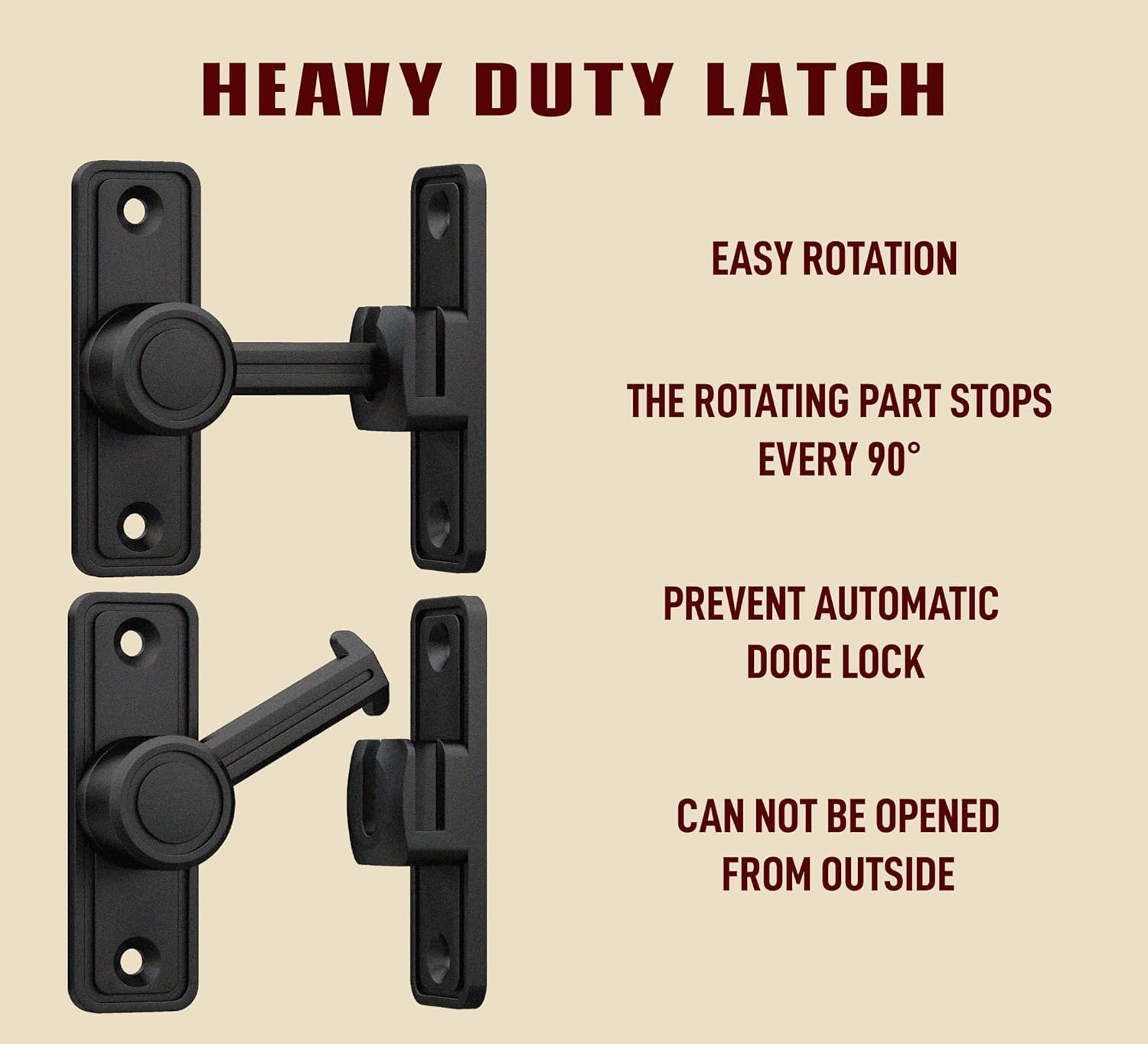 Barn Door Privacy Latch, 90°/180° Swing Slide Lock, Zinc-Alloy, Adhesive or Screw Mount, Interior Use for Bathroom/Bedroom/Closet/Shed, Includes Screws & Glue - Black - Image 5