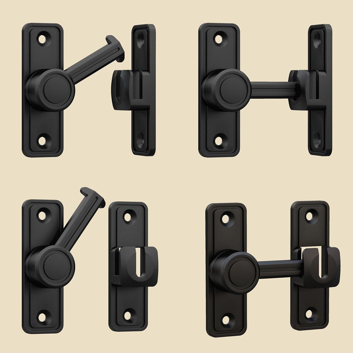 Barn Door Privacy Latch, 90°/180° Swing Slide Lock, Zinc-Alloy, Adhesive or Screw Mount, Interior Use for Bathroom/Bedroom/Closet/Shed, Includes Screws & Glue - Black - Image 7