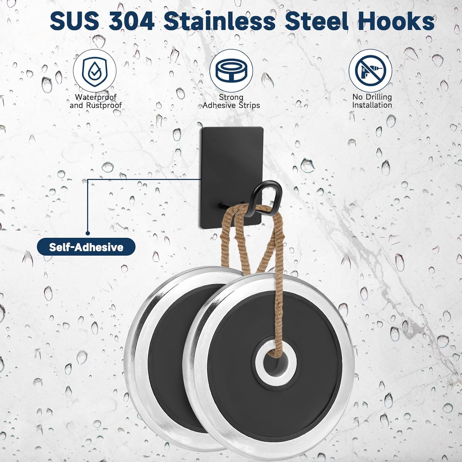 Self Adhesive Hooks Heavy Duty, Large Stainless Steel Towel Hooks, No Drill Sticky Hooks, Long Stick on Shower Wall Hooks for Hanging Hat Coat Key Headphone (Black(6Pcs)) - Image 3