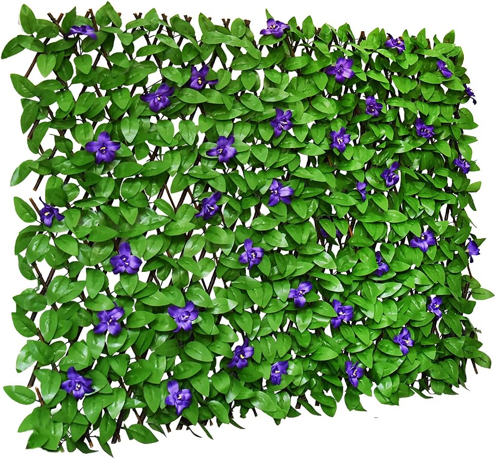 Expandable Fence Privacy Screen for Balcony Patio Outdoor,Decorative Faux Ivy Fencing Panel,Artificial Hedges (Single Sided Leaves) (1, Purple Flowers) - Image 1