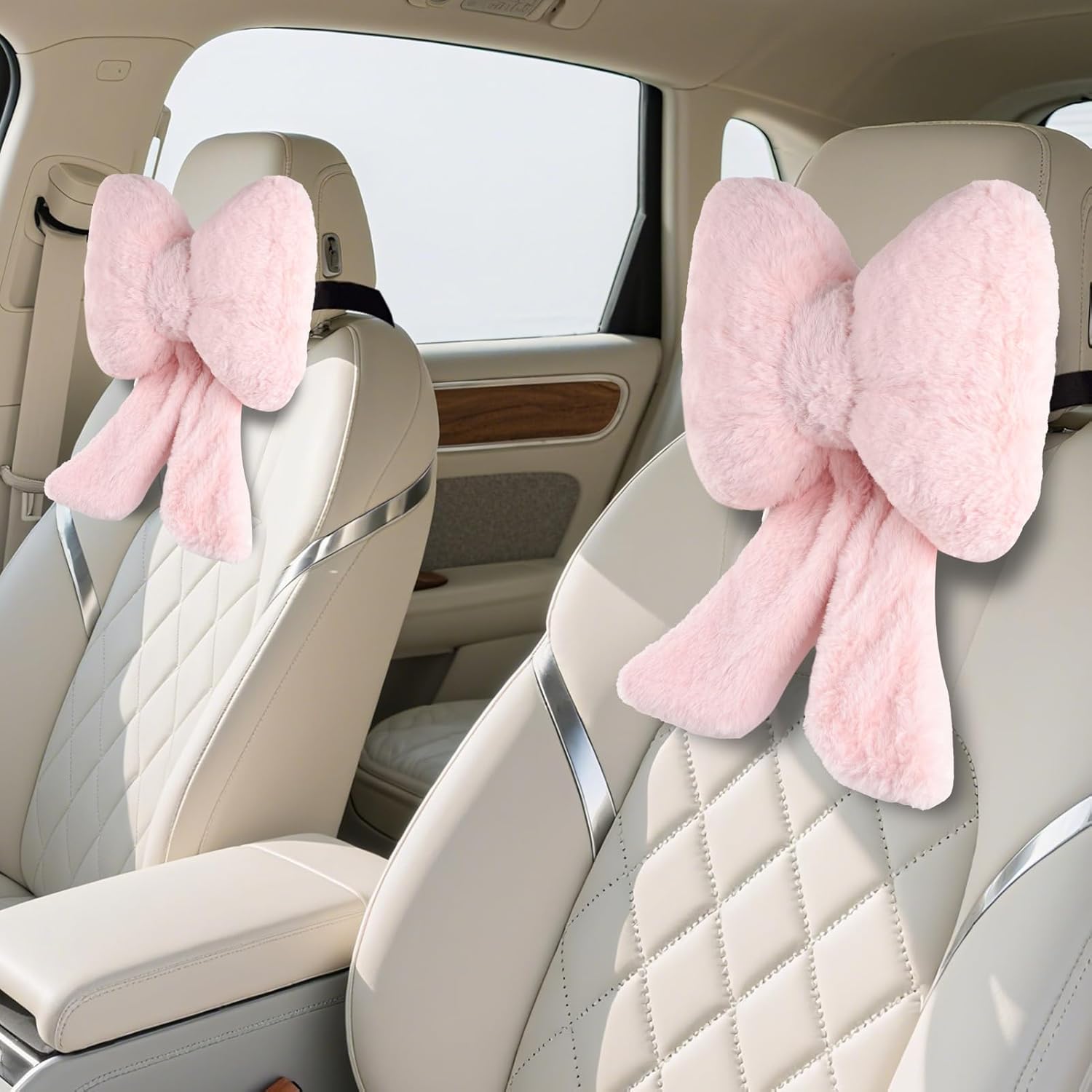 2 Pack Bow Car Headrest Pillows Plush Neck Pillows for Travel Driving Office Chair Head Support Cushions, Also Cute Car Decor Accessories for Women (Pink) - Image 1