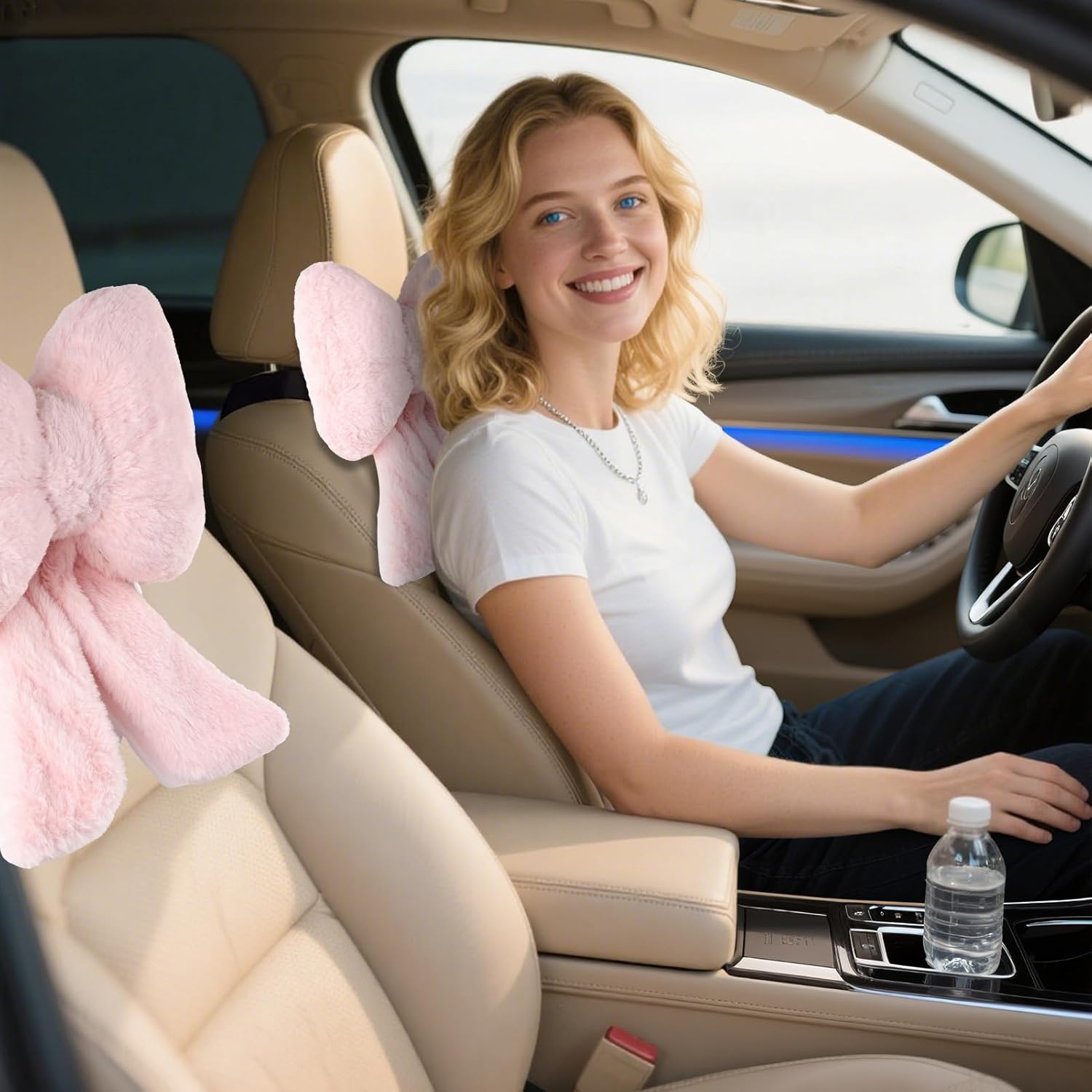 2 Pack Bow Car Headrest Pillows Plush Neck Pillows for Travel Driving Office Chair Head Support Cushions, Also Cute Car Decor Accessories for Women (Pink) - Image 7