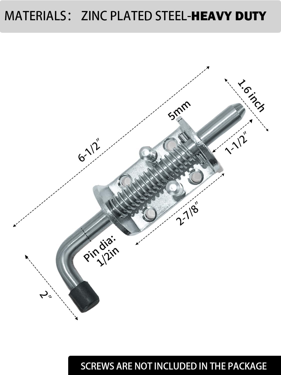 Spring Loaded Gate Latch Pin Barrel Bolt 6in x 1/2in Stem Durable Zinc Plated Solid Steel Heavy Duty for Tailgate - 2pcs - Image 2